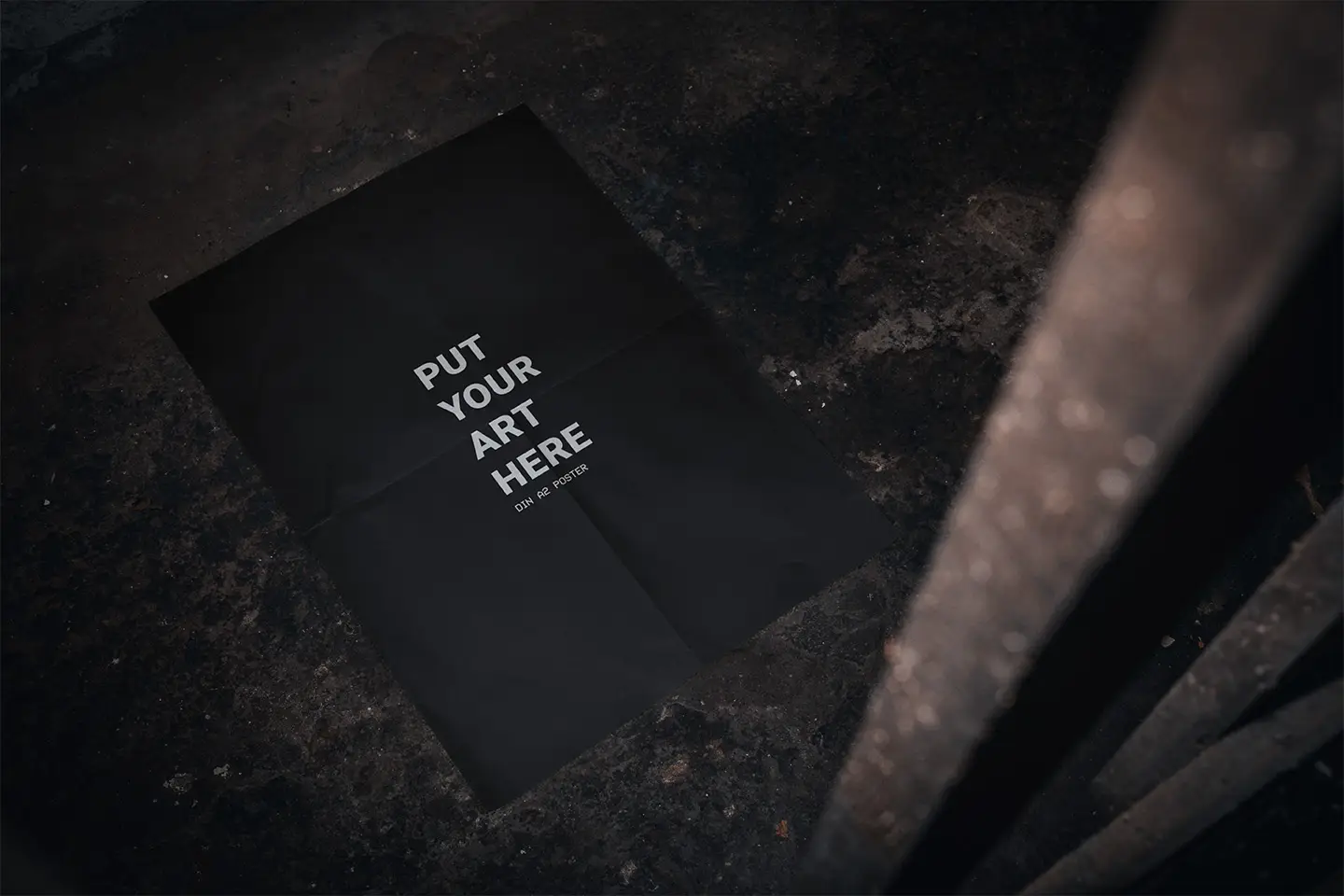 Basement A2 Poster Mockup featuring a black paper version with minimalist white centered text placement