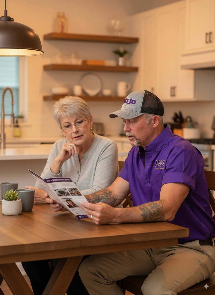 MoJo Your Homes Technician with customer dealing with special offers and savings