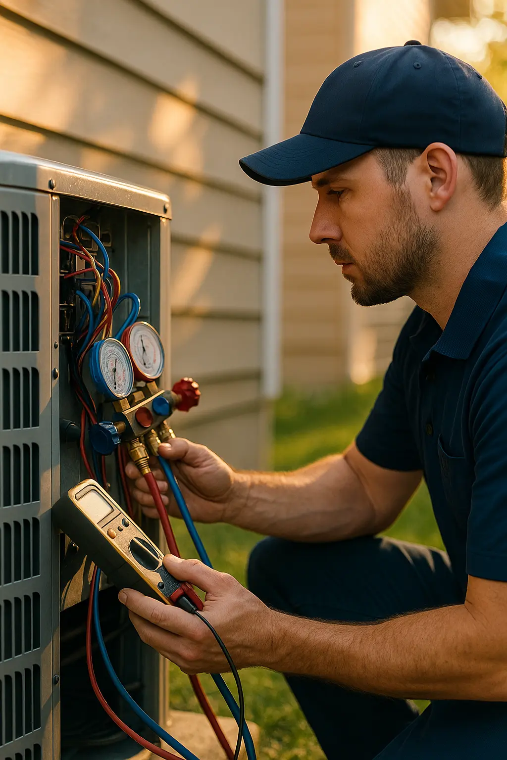 Technician performing AC repair and maintenance on an outdoor unit, using gauges and tools to diagnose issues for efficient cooling.