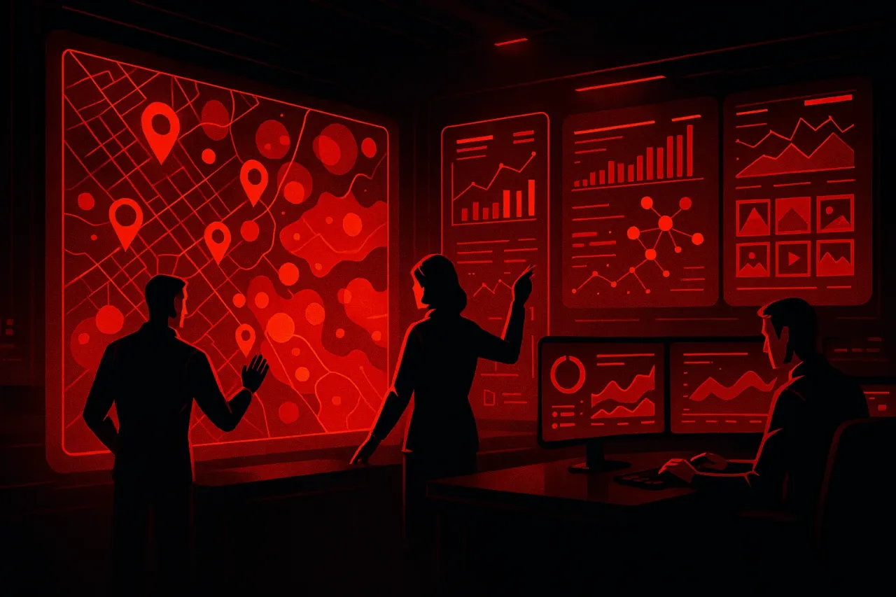 RockN' Socials team analyzes data in red-lit digital marketing agency.