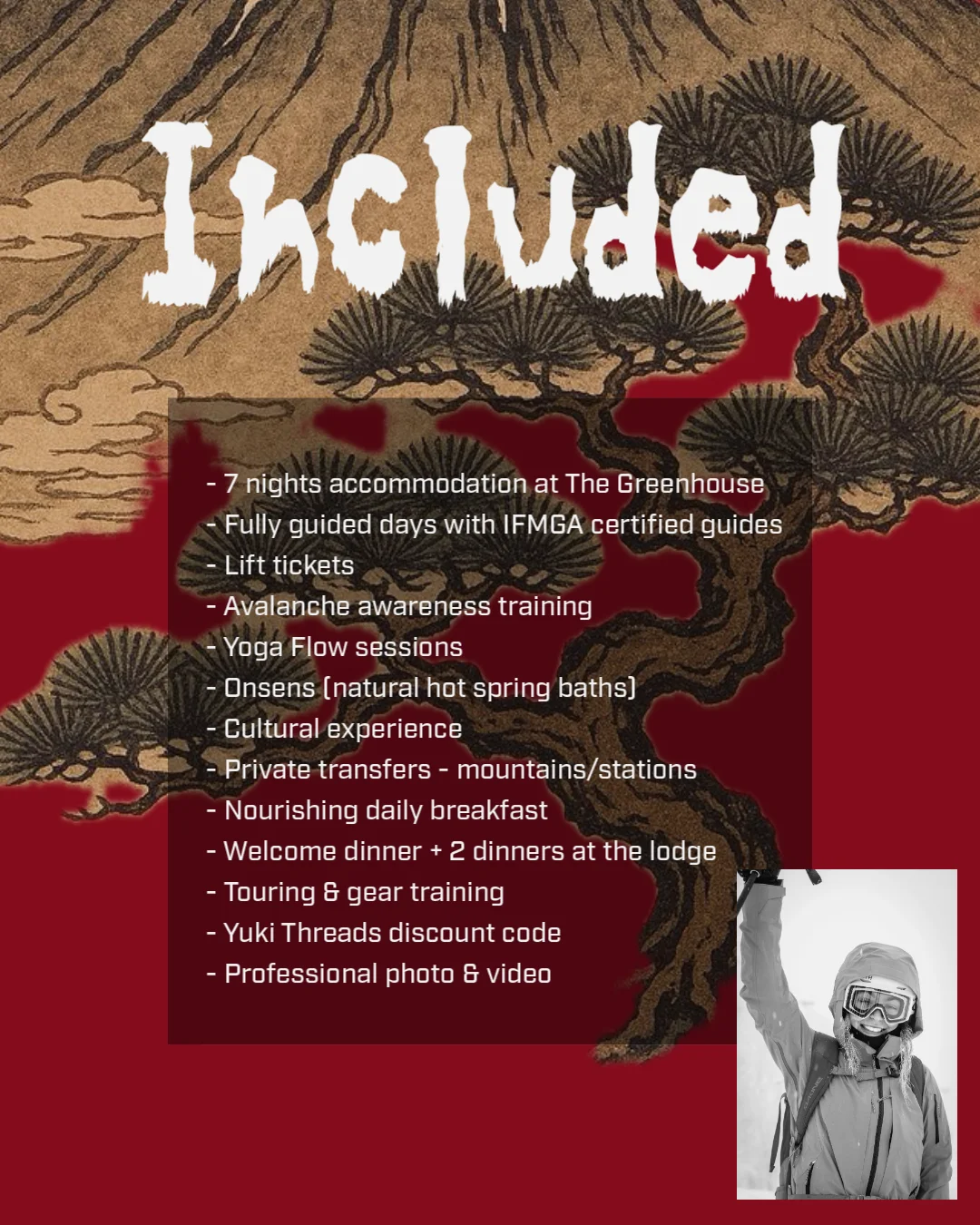 Poster listing everything included in the Ikigai Women’s Powder Tour