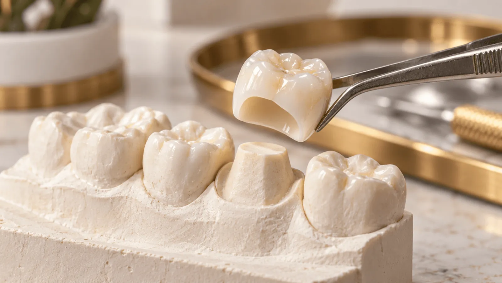 Ceramic molar crown held beside a prepared tooth on a dental model.