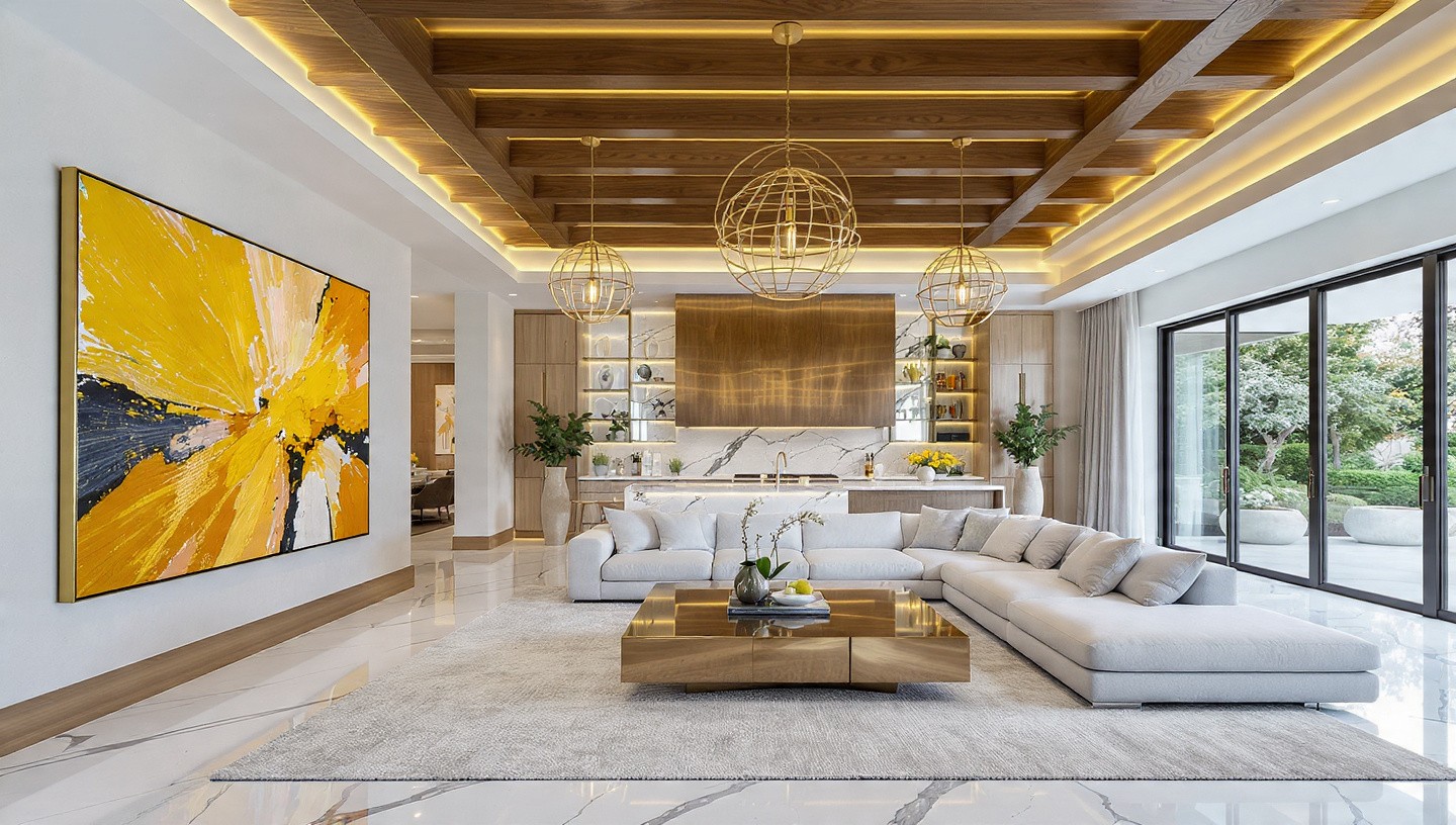 Luxurious living room with a large L-shaped white sofa, gold coffee table, and yellow abstract painting. Floor-to-ceiling windows offer a garden view.