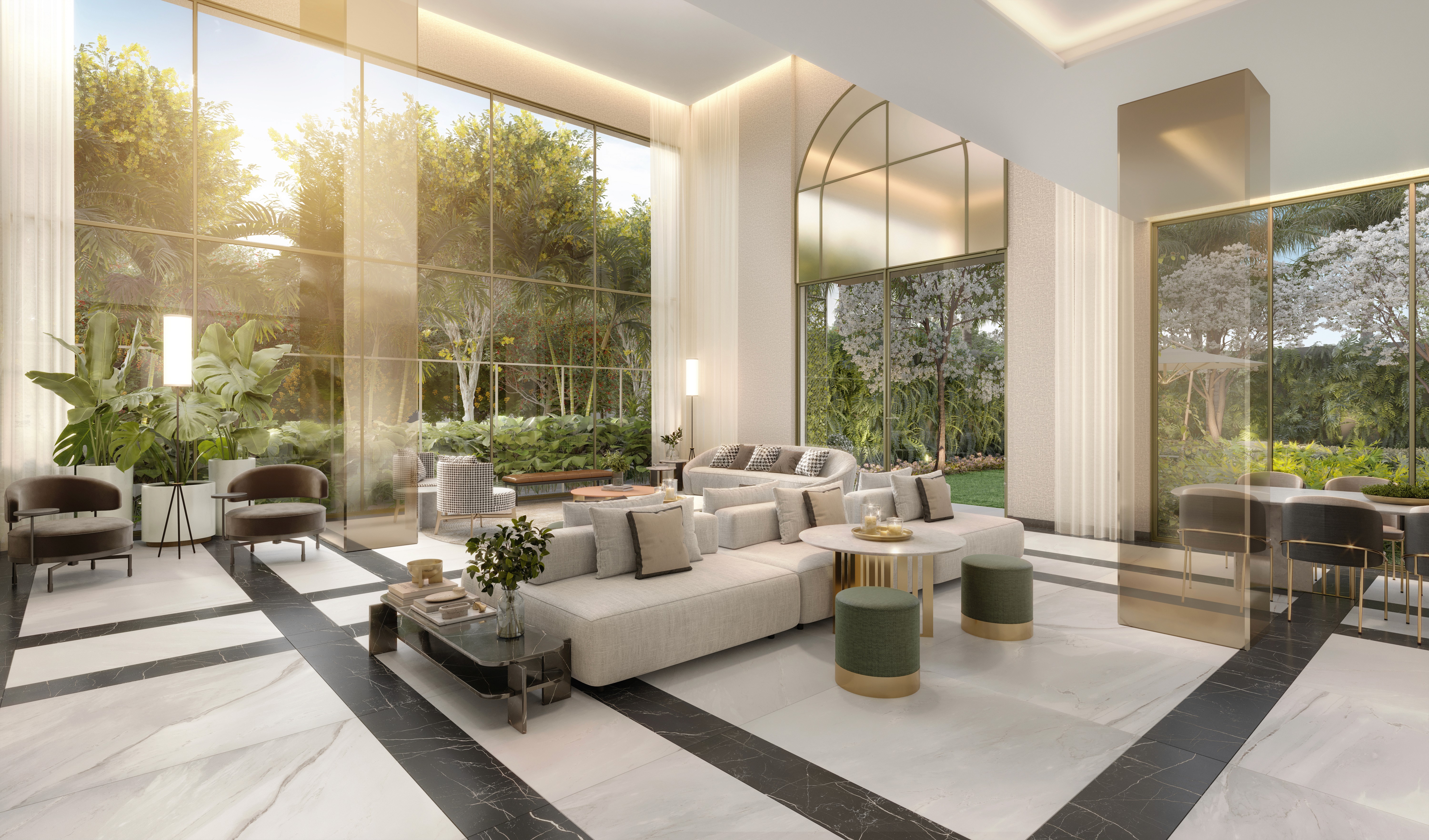 Curved modern skyscraper against a clear blue sky.