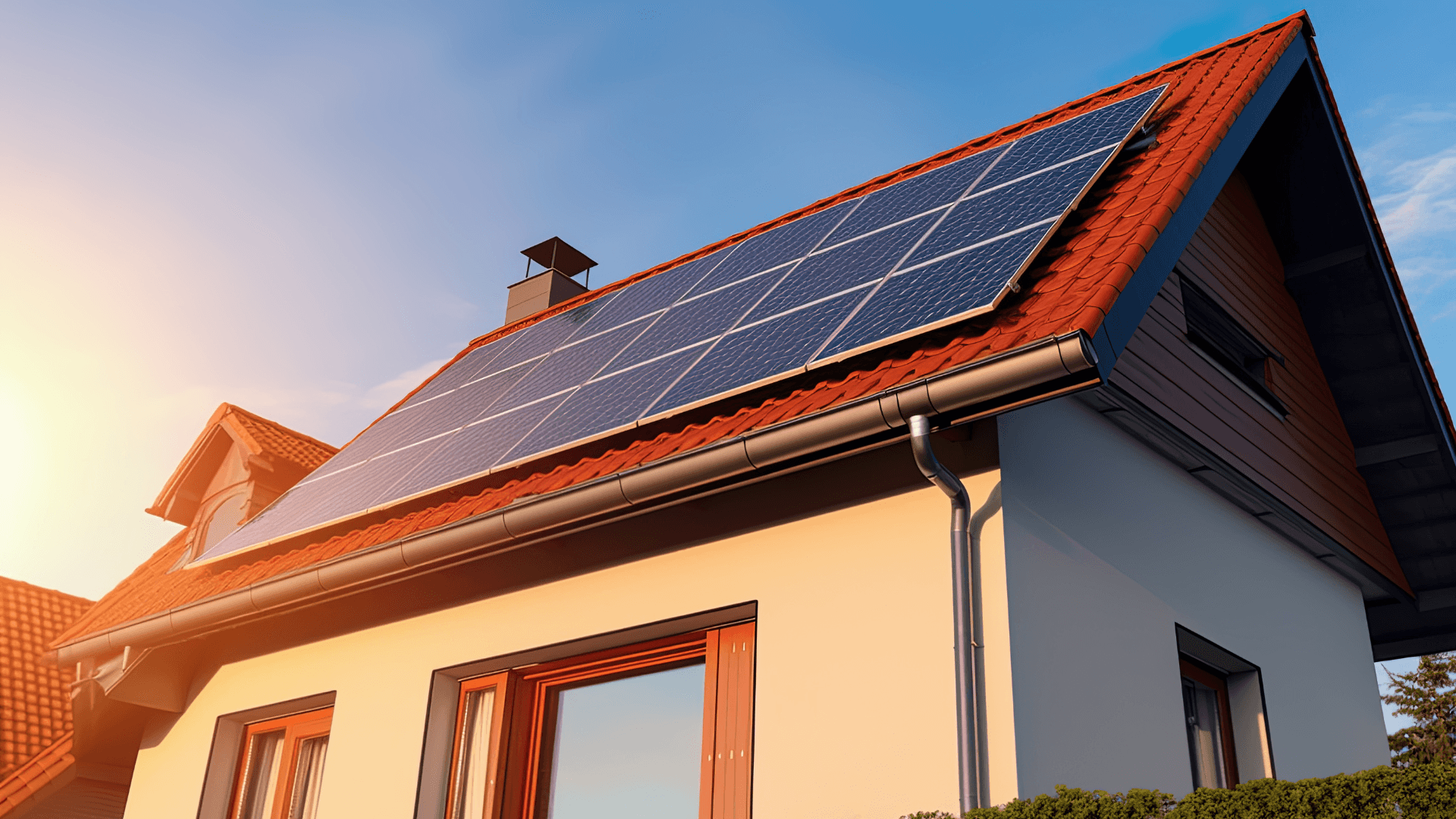 Ein Haus mit schrägem Dach und Solarpaneelen, in Sonnenlicht getaucht vor einem klaren blauen Himmel.