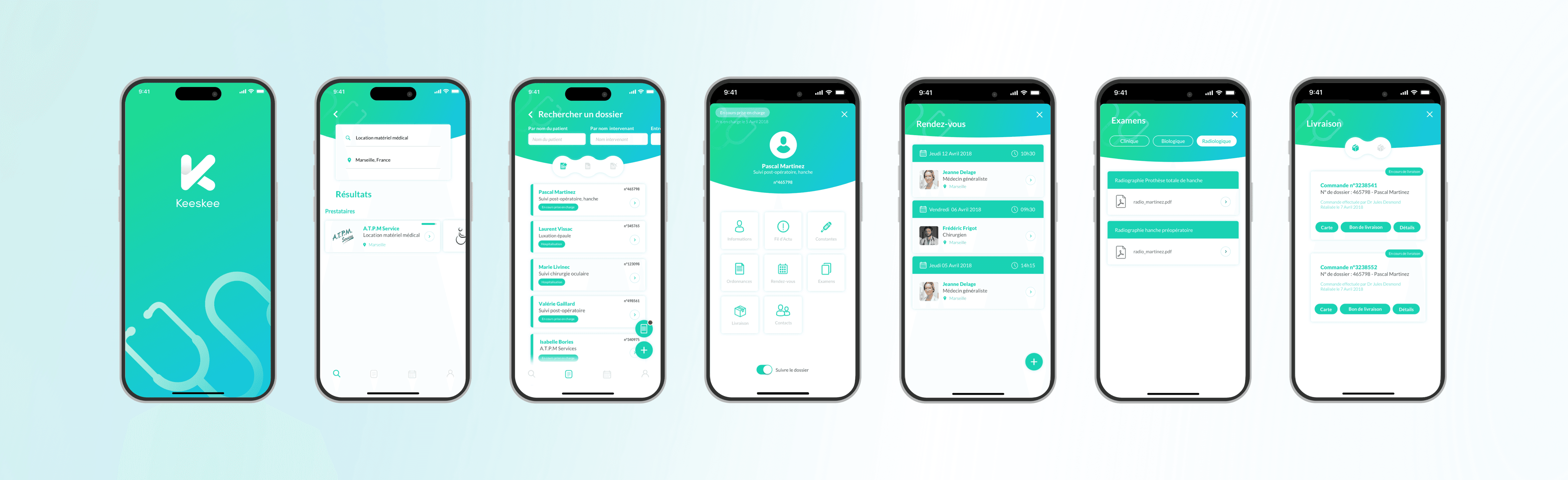 Suite de sept écrans de l’application Keeskee, affichant la gestion des dossiers médicaux et des rendez-vous.