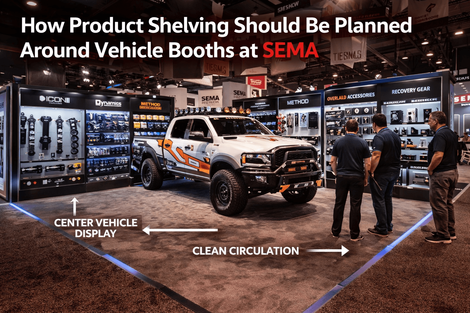 SEMA vehicle booth in Las Vegas with a center vehicle display, side product shelving wall, and clean circulation around automotive parts and accessories