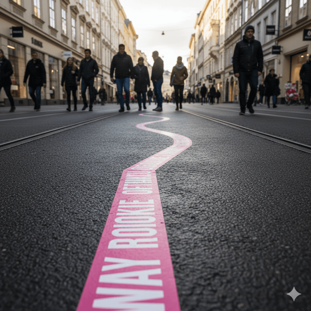 A street scene showing figures walking along a path marked by a pink line on the ground.