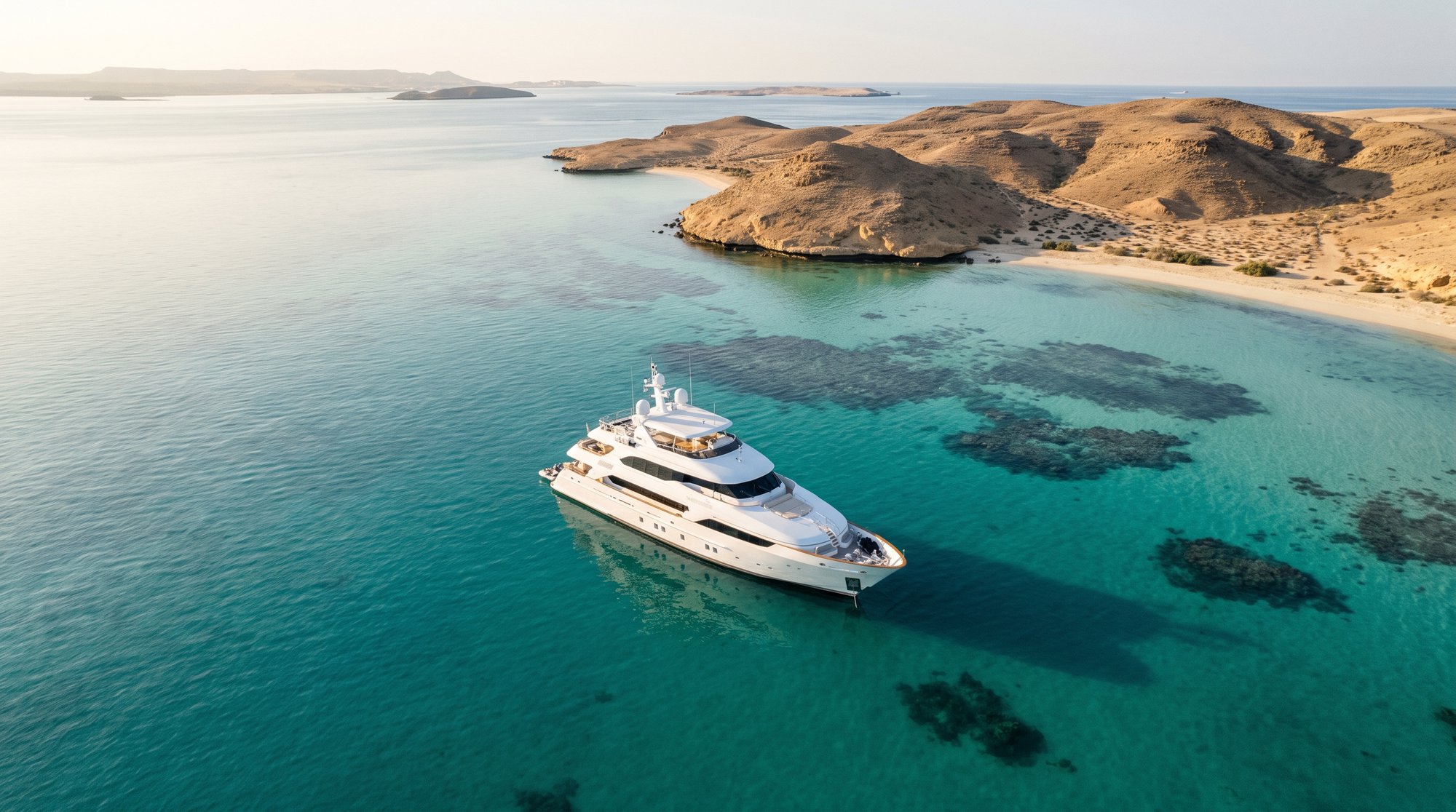 A motor yacht at anchor off a desert island in turquoise water