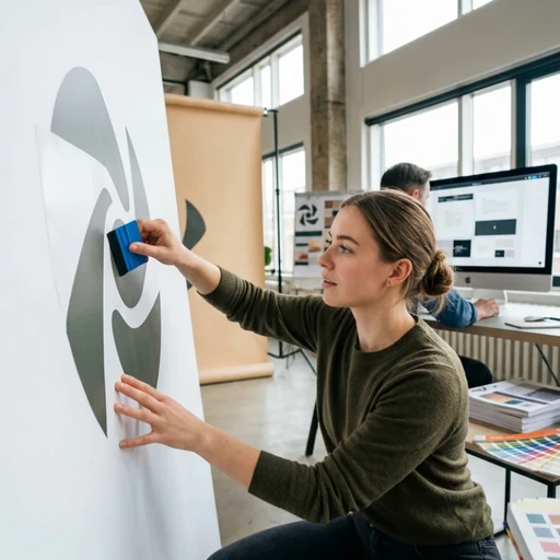 Créatrice en atelier appliquant avec précision un lettrage adhésif sur un support blanc, illustrant notre expertise en Branding et Notoriété pour construire une identité visuelle forte et mémorable.