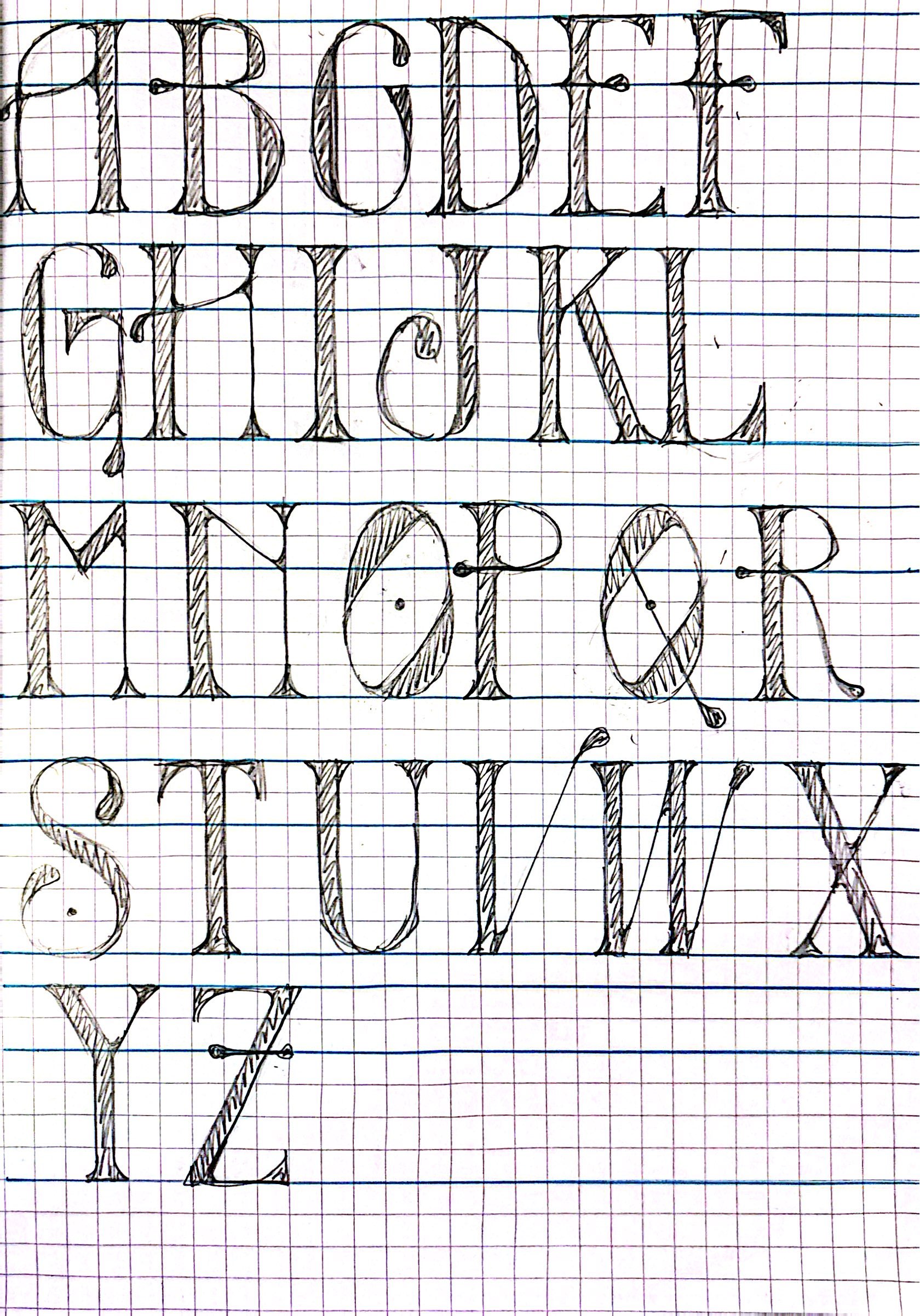 Rough sketches for the typeface. Lined paper with different letterforms sketched out in a row.