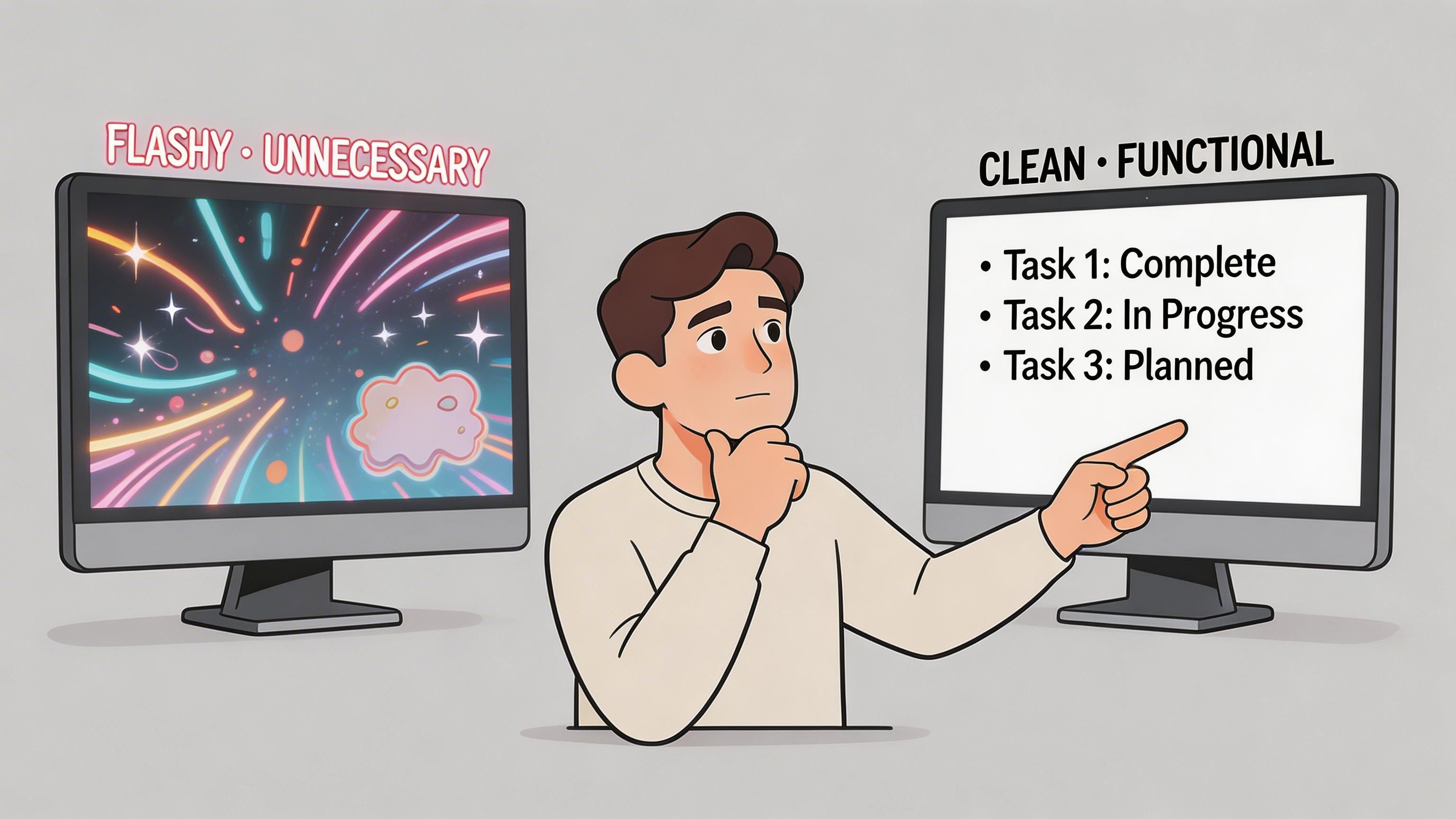 A person deciding between a flashy, unnecessary digital display and a clean, functional task list on computers.