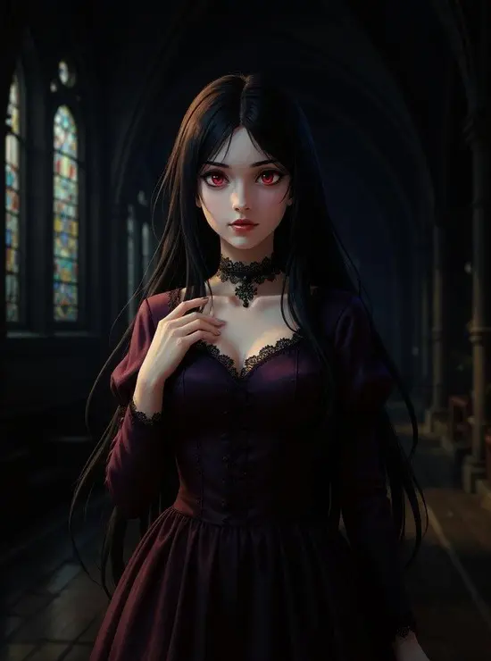 Sexy goth AI anime girl in Victorian dress inside a dark cathedral