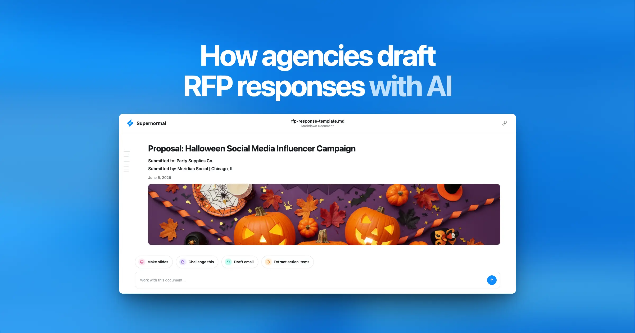 Blog banner for 'How agencies draft RFP responses with AI,' showing a Supernormal-drafted Halloween campaign proposal.
