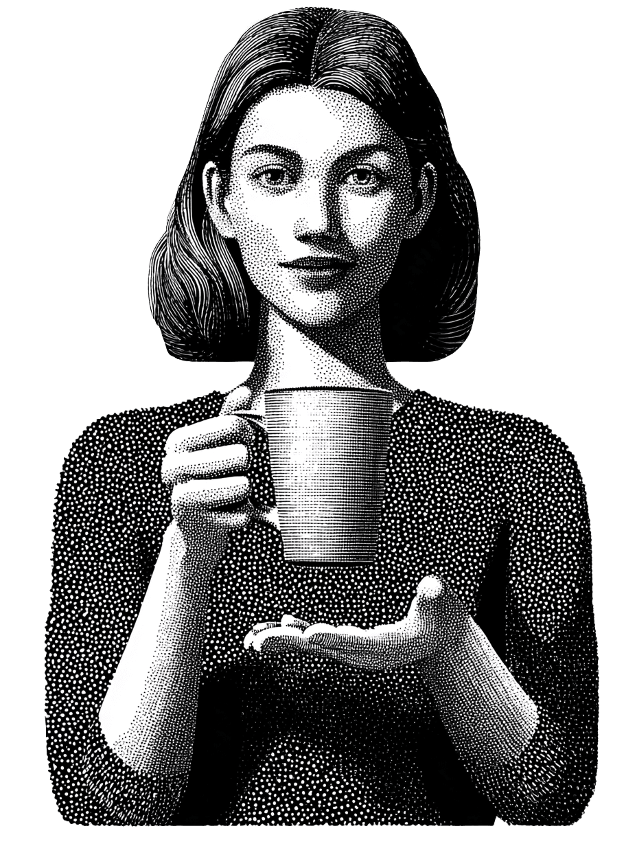Illustration d'une femme tenant une tasse. Elle offre une boisson chaude. Style gravure en noir et blanc.