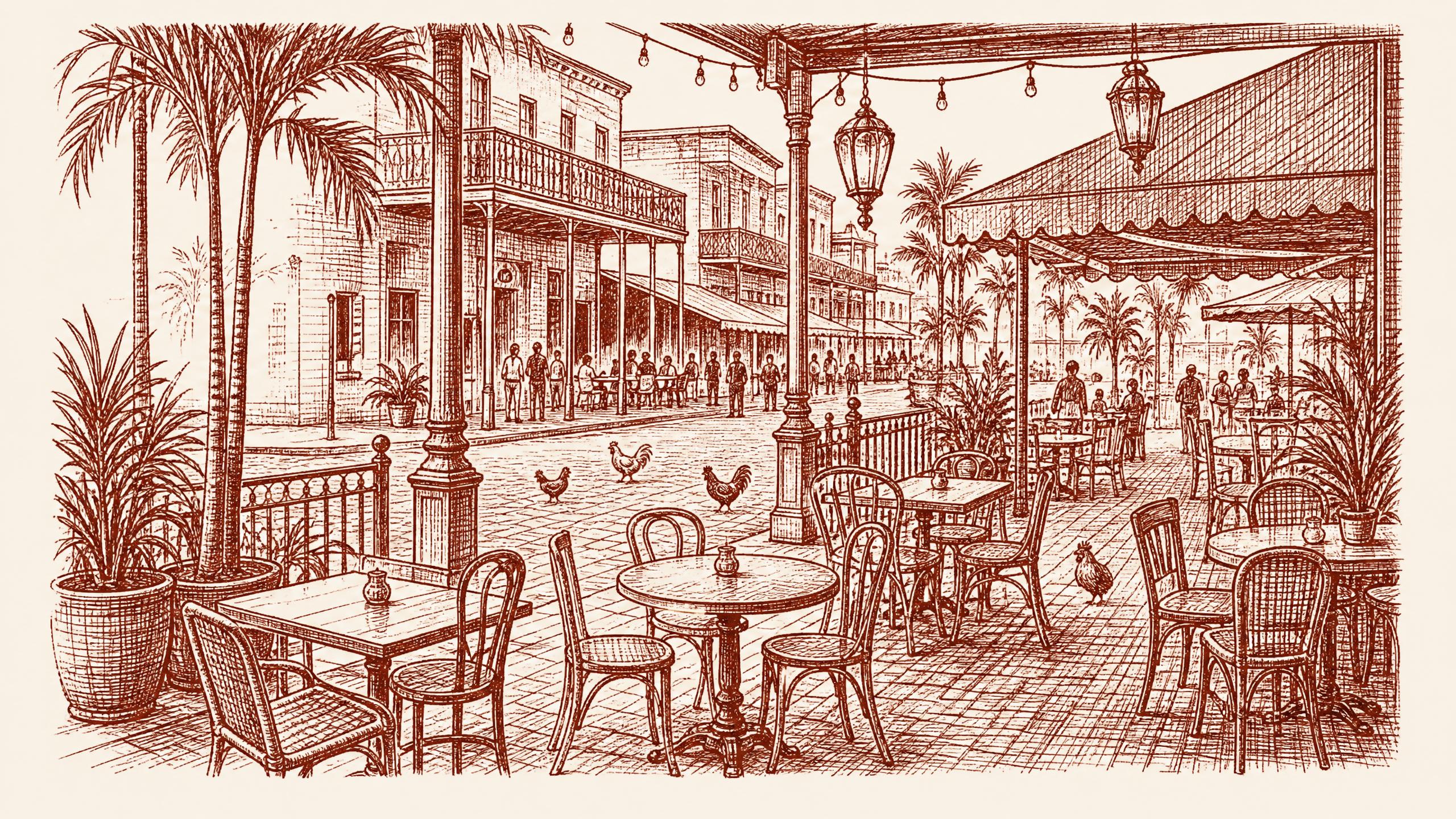 A broad Ybor patio opening toward a brick street, with wrought-iron balconies, live music tampa