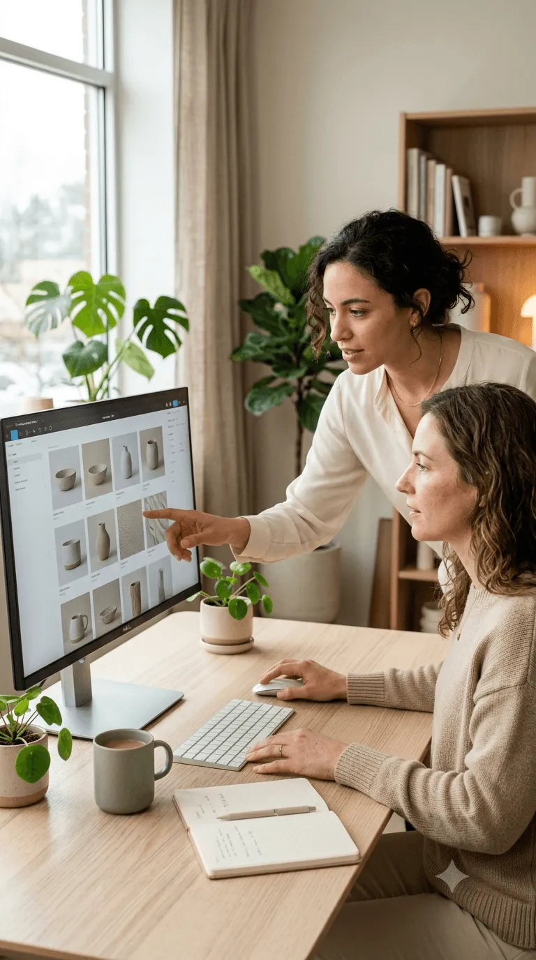 Two people working on a laptop at home.