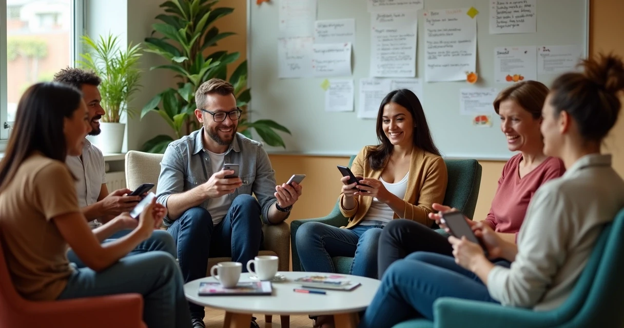 Nutricionistas sentados em círculo, conversando com celulares na mão 
