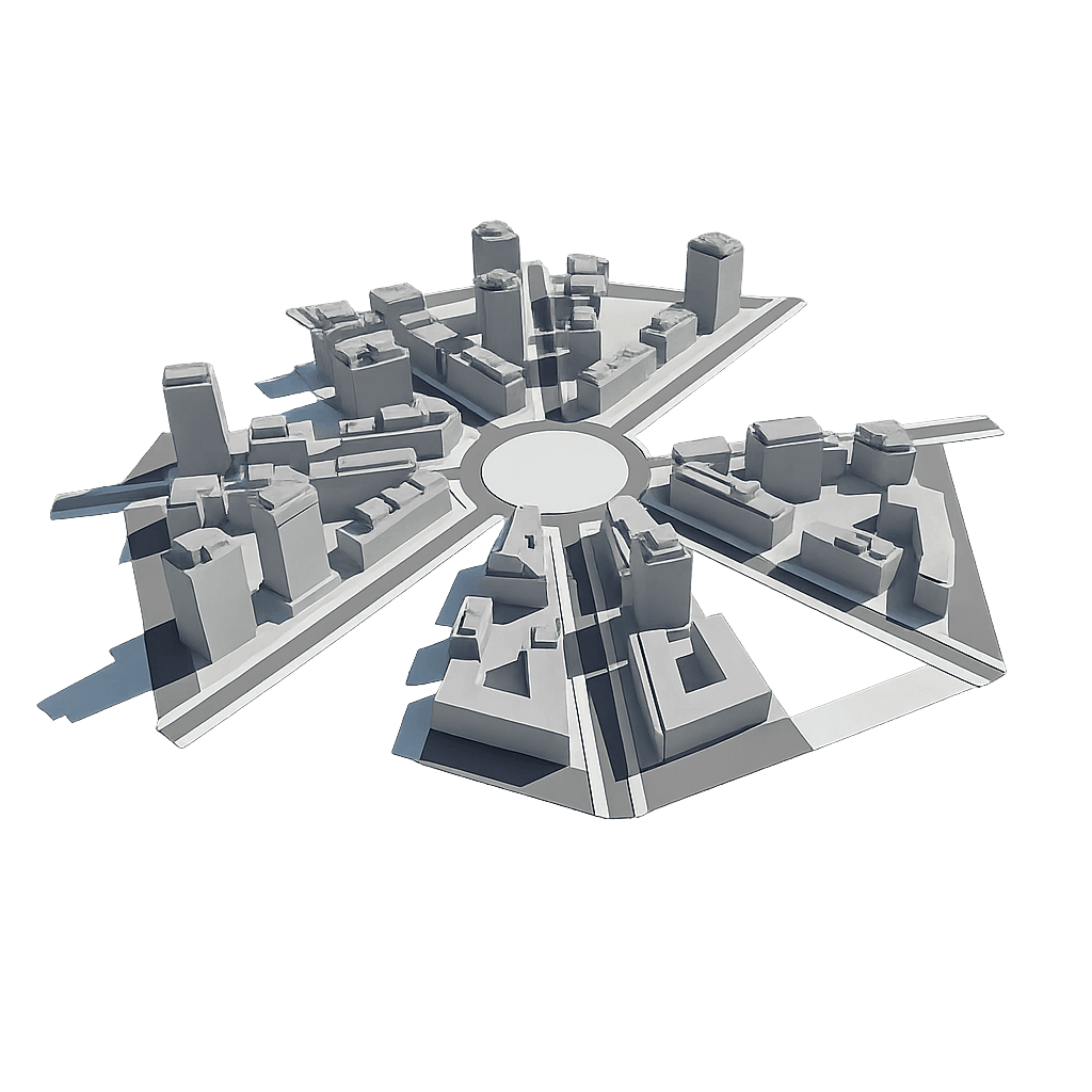 Three-dimensional cityscape model on a black background, featuring a circular center and five radiating sections with variously sized white buildings.