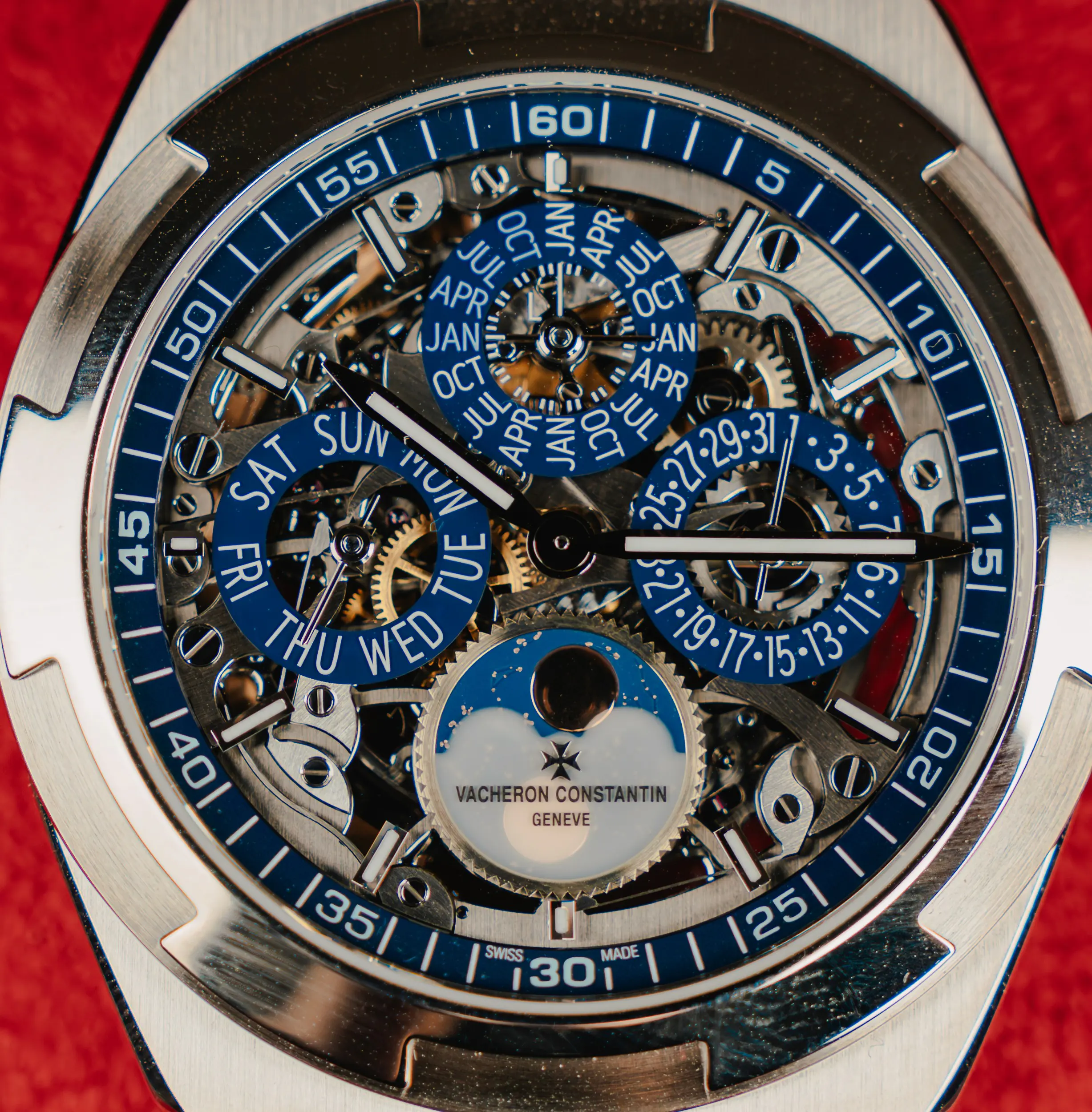 Close-up of the skeletonised dial on the Vacheron Constantin Overseas Perpetual Calendar White Gold 4300V