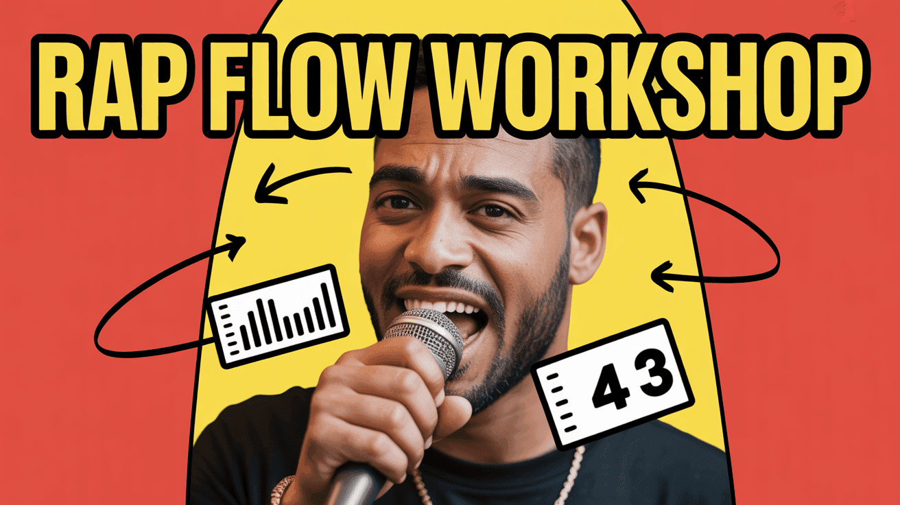 Rap Flow Workshop Thumbnail, featuring a rapper delivering bars into a mic with floating bar count overlays and rhythm arrows
