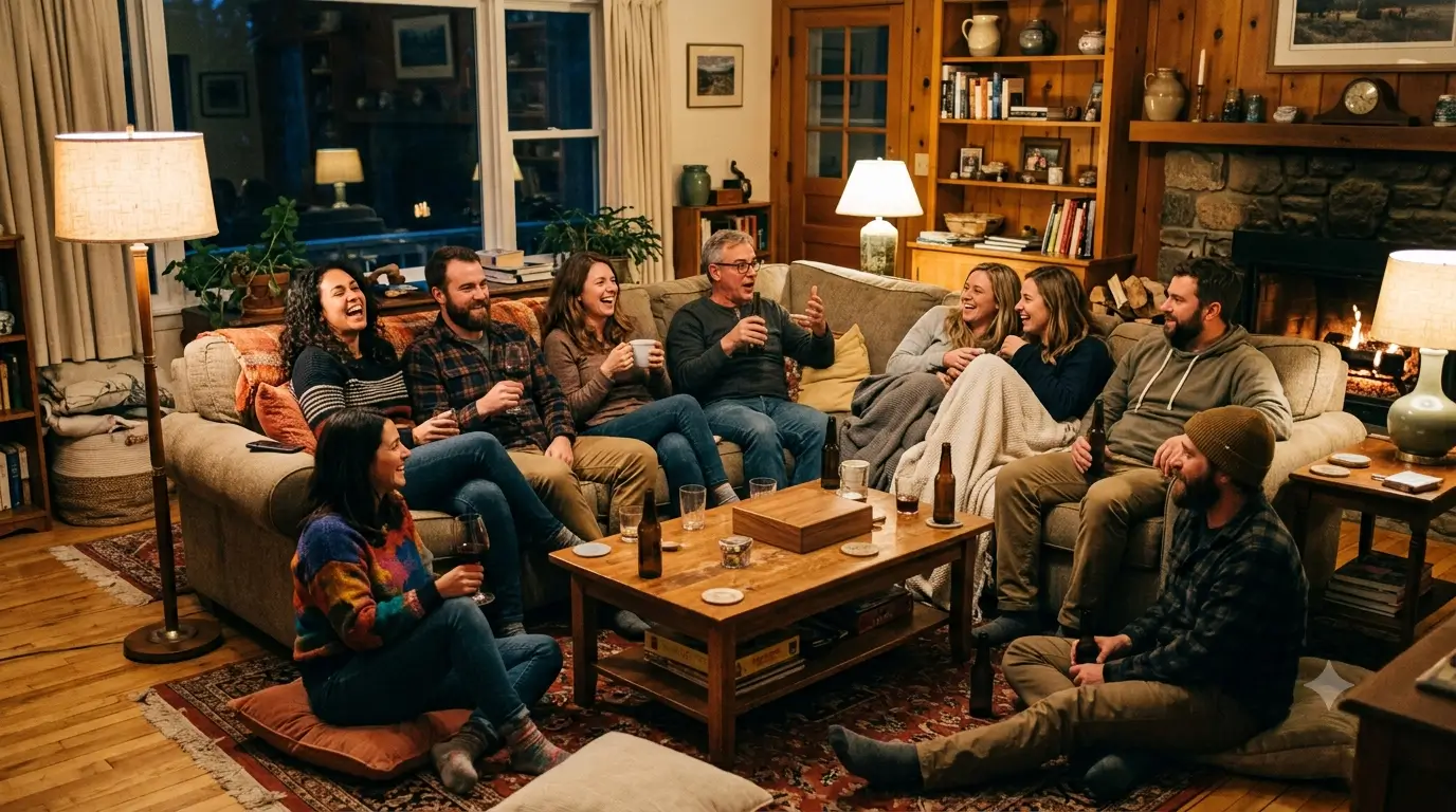 A relaxed group filling a vacation rental living room, more people than the sofa was built for.