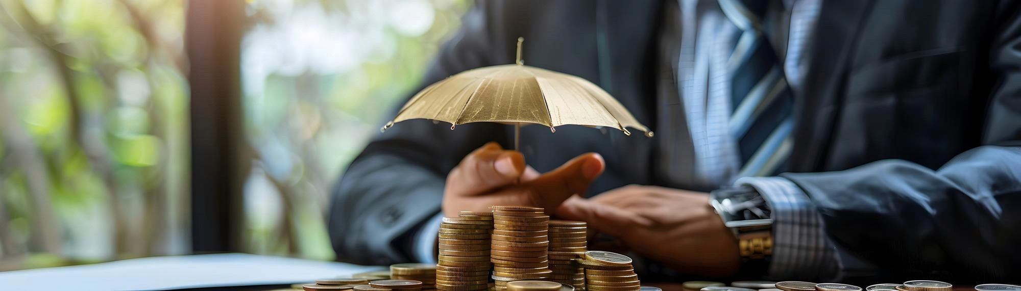 穿著西裝人士手持金色雨傘守護金幣堆，象徵商業保險的企業資產保障及營運風險管理方案。