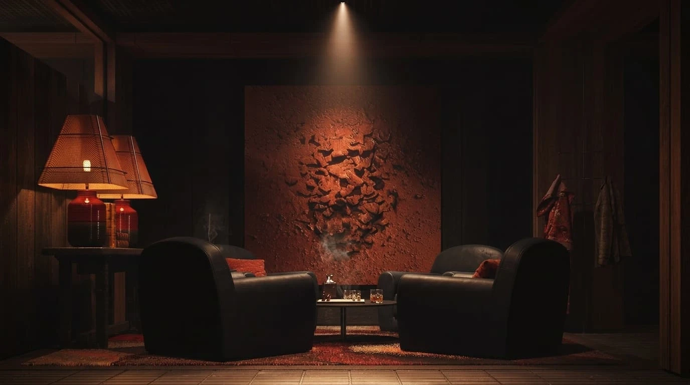 Tacenda lounge with dark armchairs, warm table lamps and textured wall art around a low table.