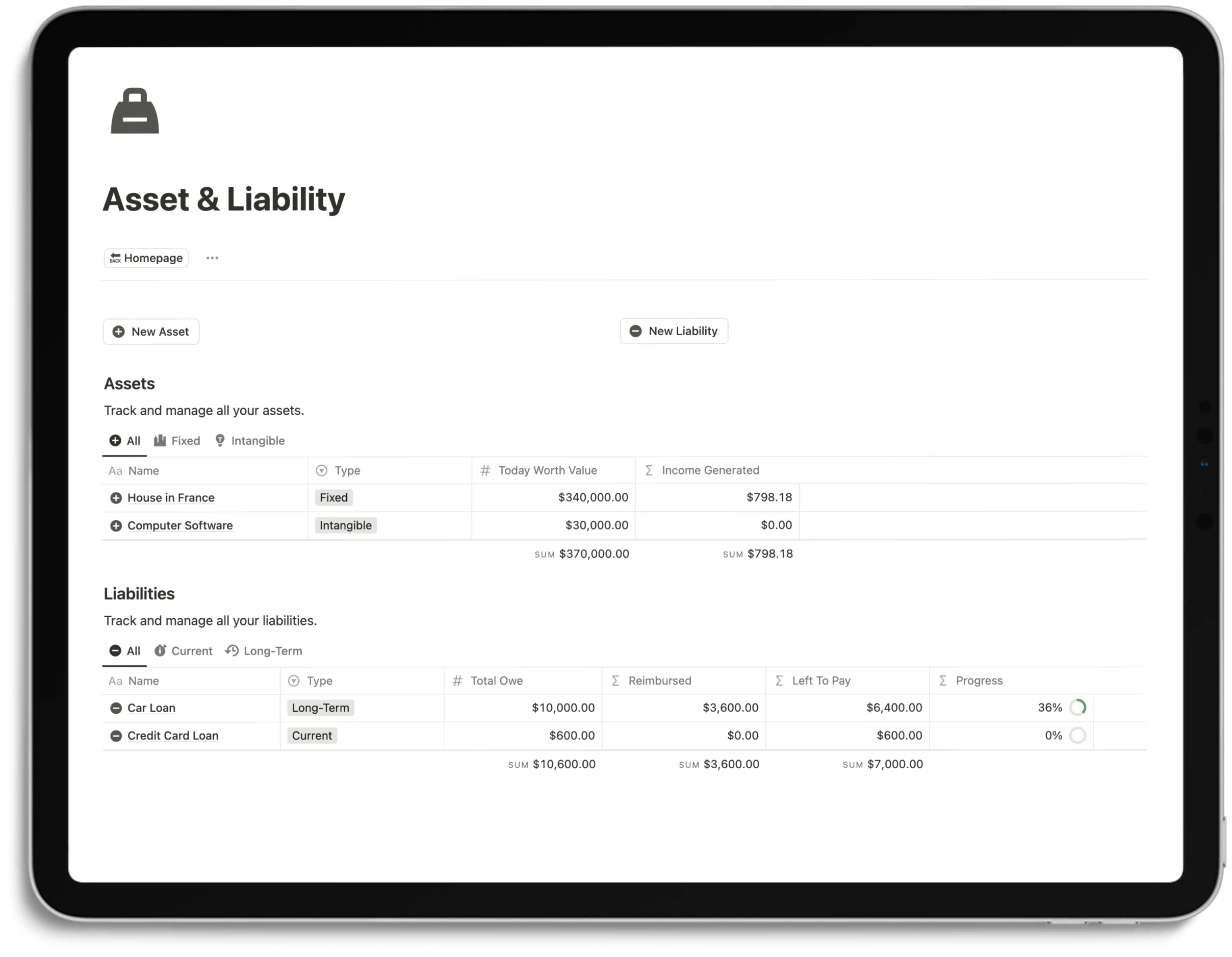 Notion Finance Tracker - Asset & Liability