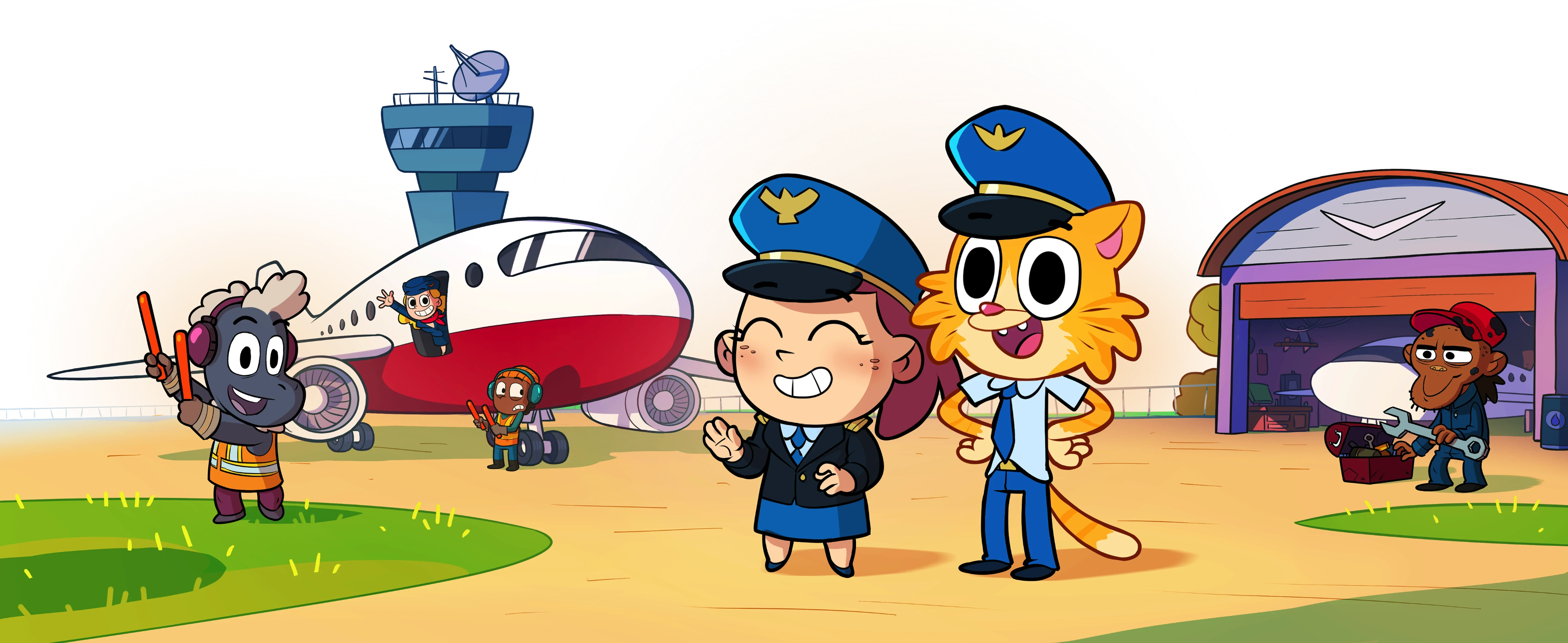 Cartoon airport crew standing in front of a plane.