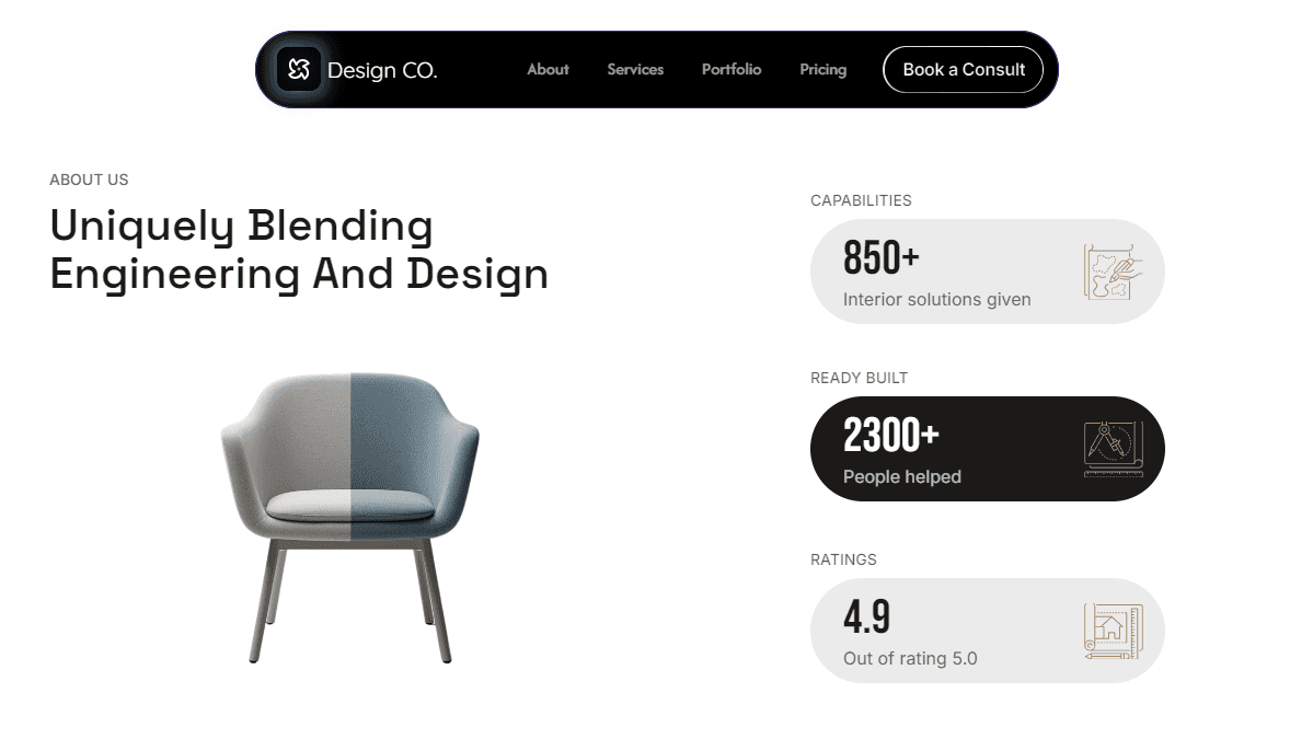 Interior design service features presented in a clean layout