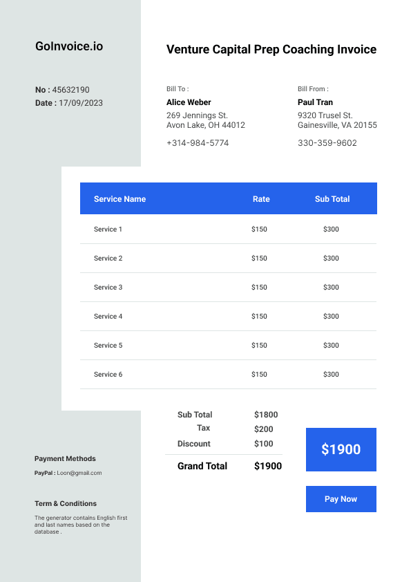 Venture Capital Prep Coaching Invoice