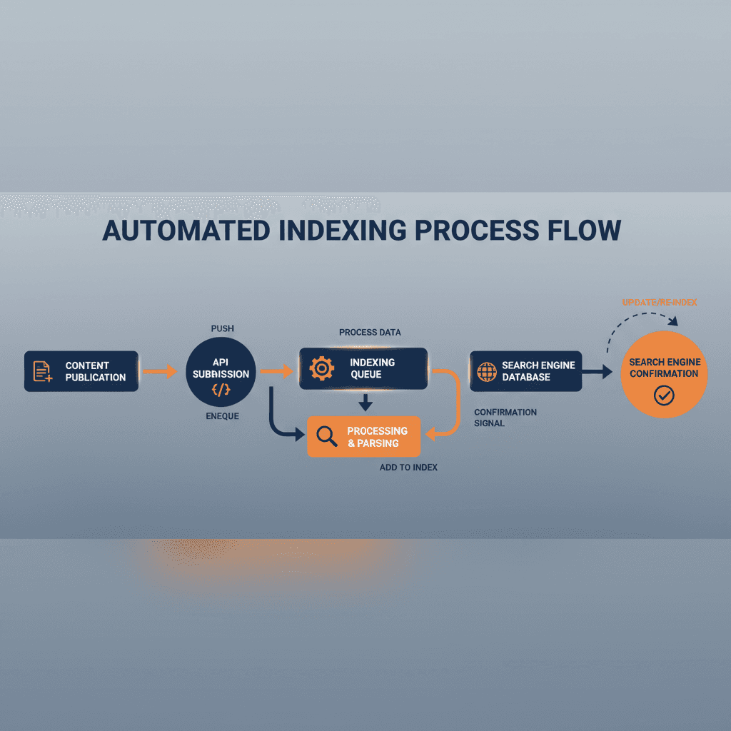 Automated workflow diagram illustrating Keytomic's auto-indexing process from publish to index confirmation