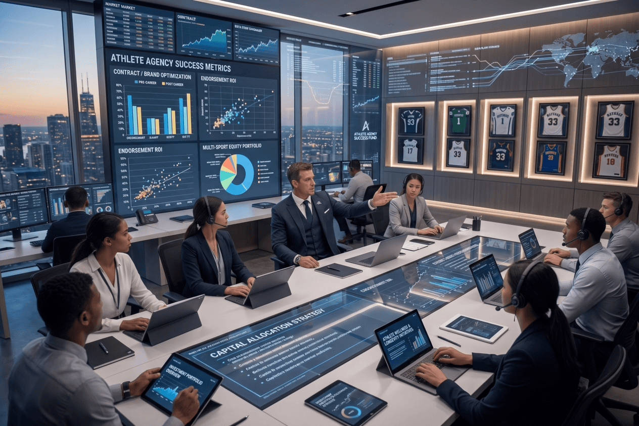 People in suits in an office gathered around a table