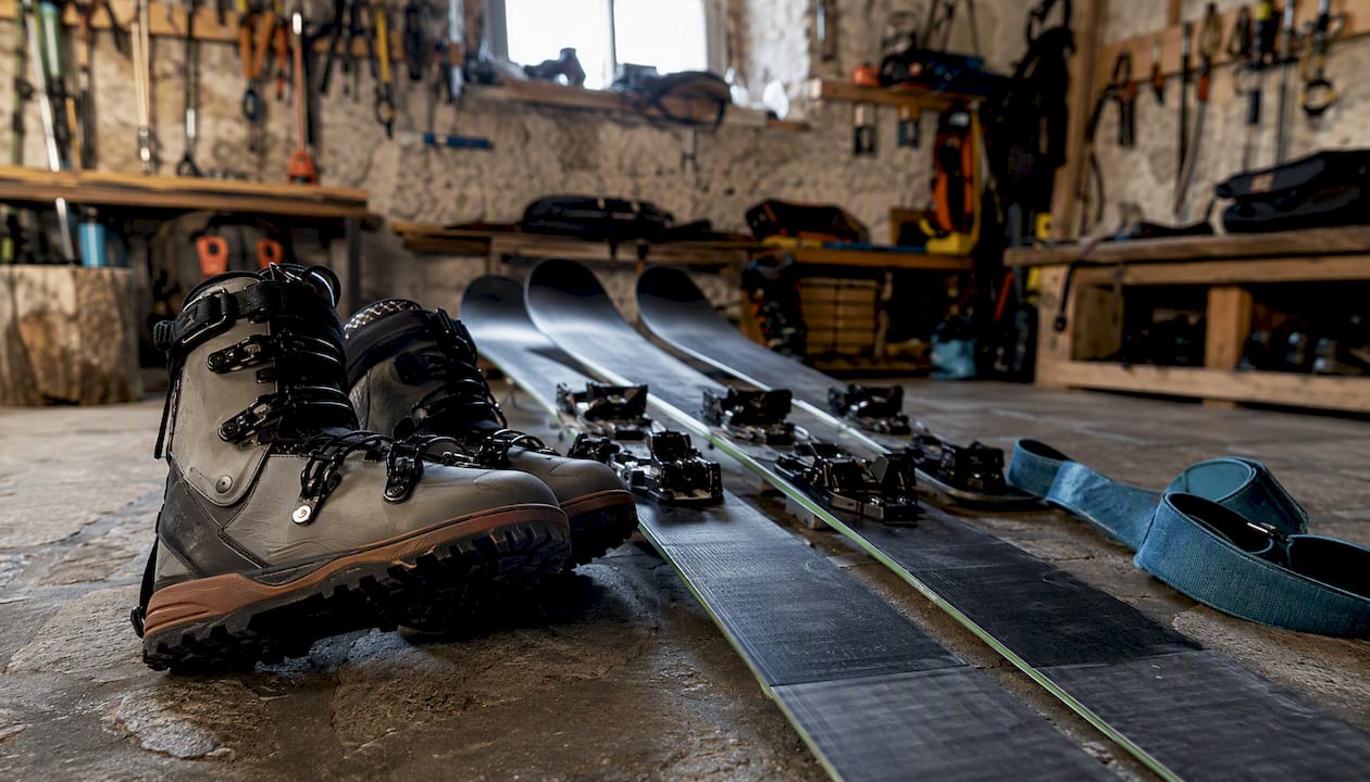 Freeride skis and alpine boots laid out for fitting