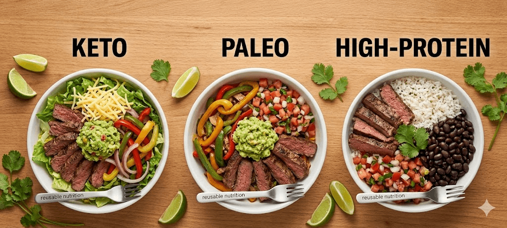 Top-down view of three meal prep steak bowls on a wooden table, labeled Keto, Paleo, and High-Protein, garnished with fresh limes and cilantro.
