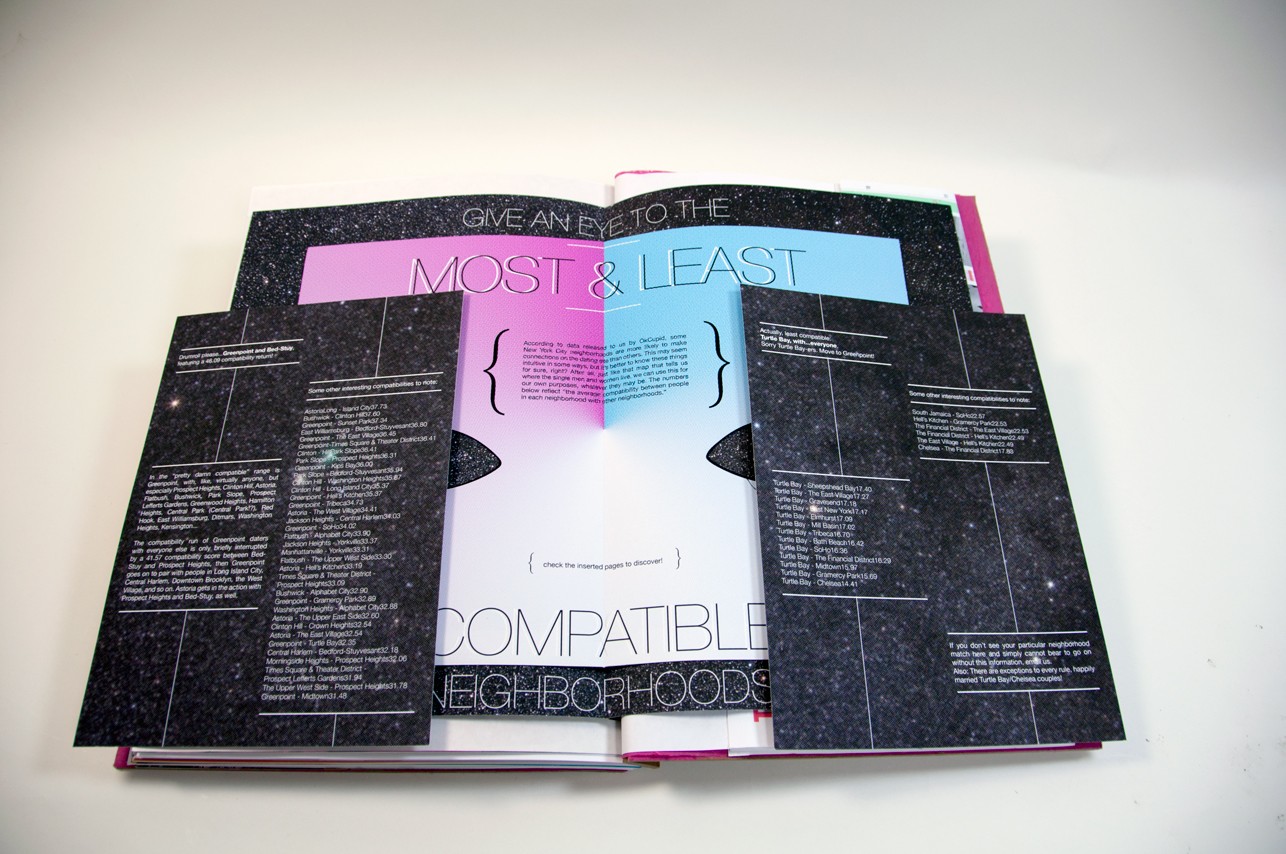 an advertisement illustration at the end of a book with portions of text and color gradients from pink to white and blue to white