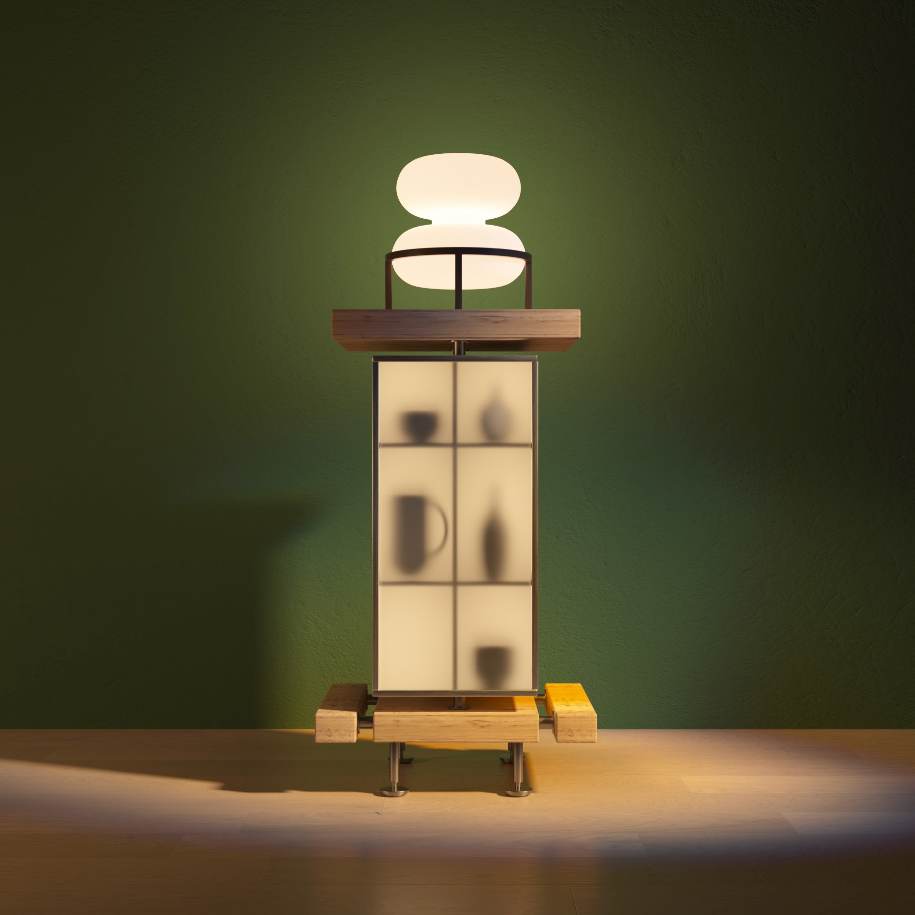 3D render of light and furniture piece with ceramics inside