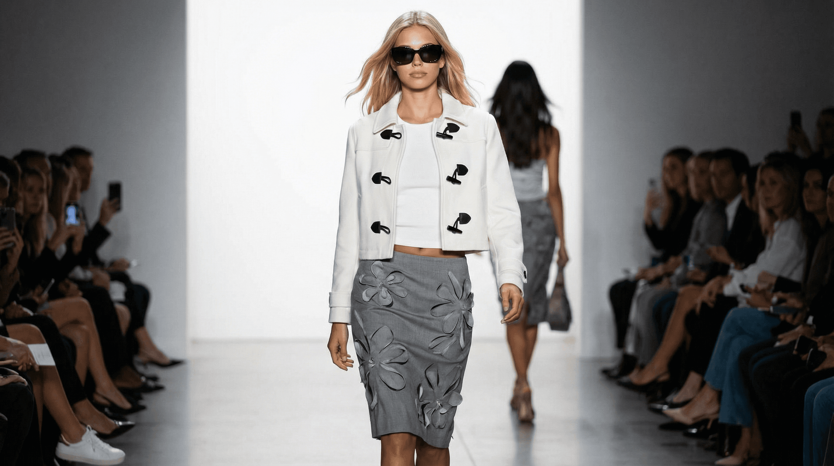 KI-Model im beigefarbenen Badeanzug macht Selfie in moderner Villa, sonniger Wohnbereich mit Pool und offenem Raum im Hintergrund.