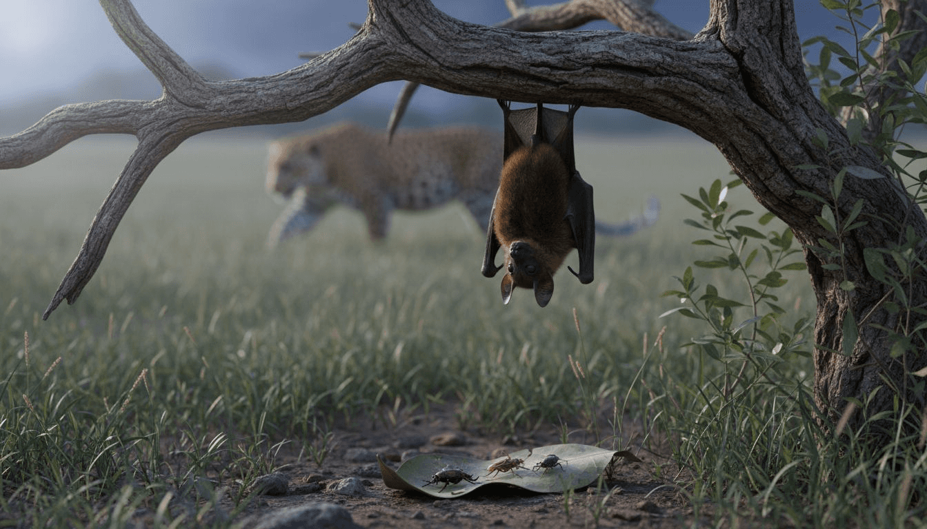 Une chauve-souris accrochée dans la nuit et un léopard furtif qui rôde dans l’obscurité.