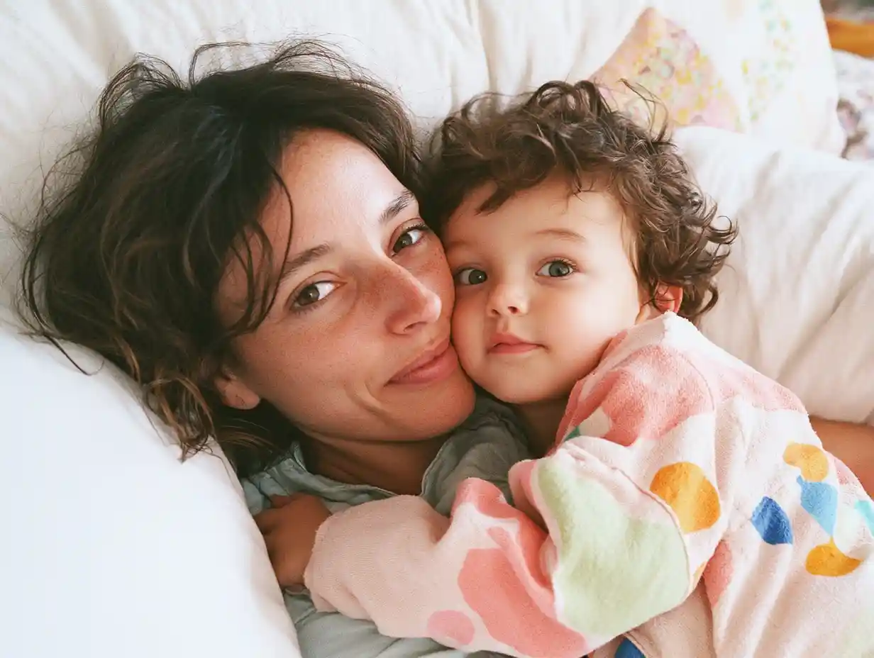 A caring nanny and child cuddling in a cozy bed, illustrating the warmth and security provided by full-time nanny care.