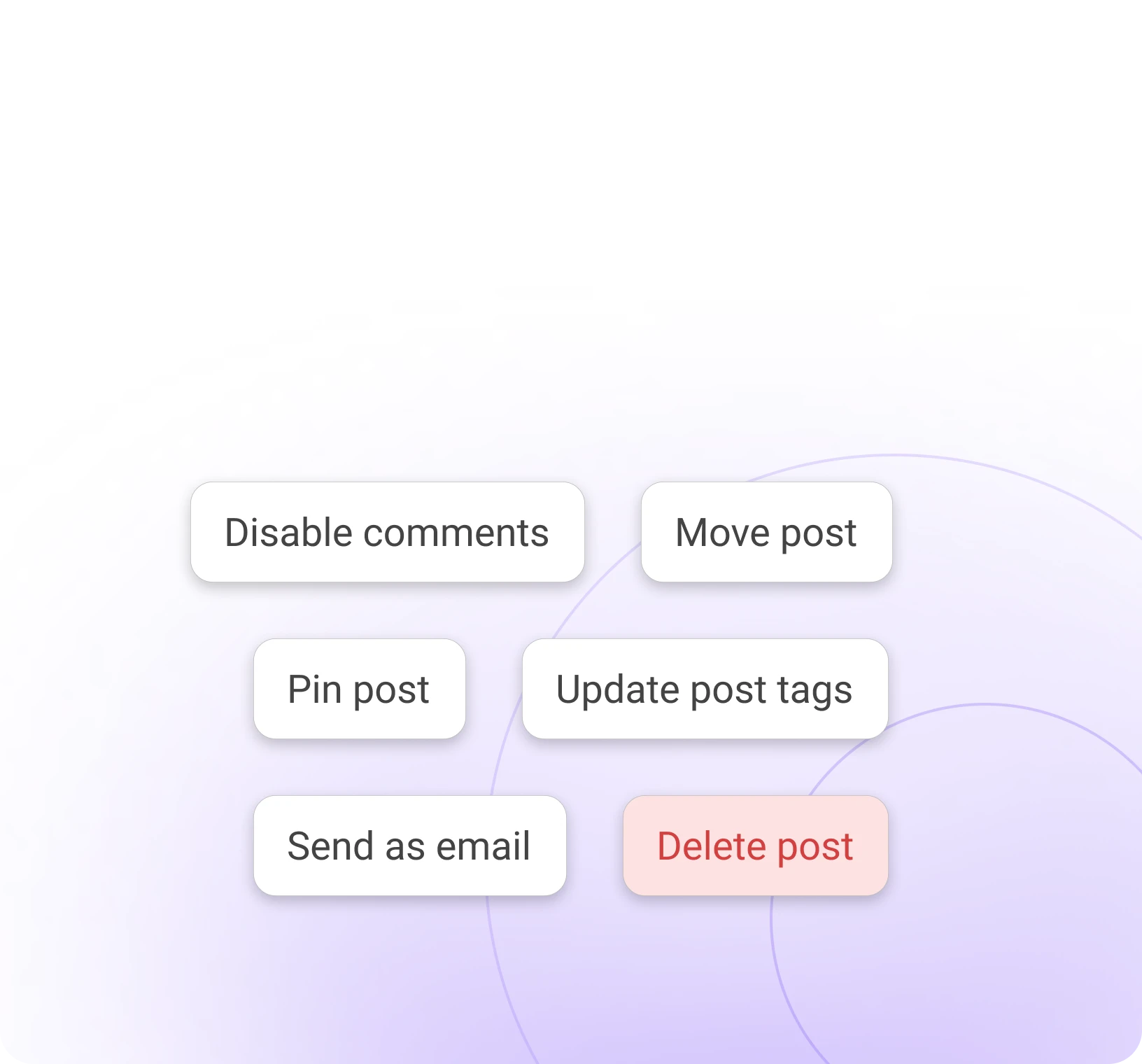 Community moderation controls showing options to pin posts, disable comments, move posts, update tags, send email notifications, and delete posts.