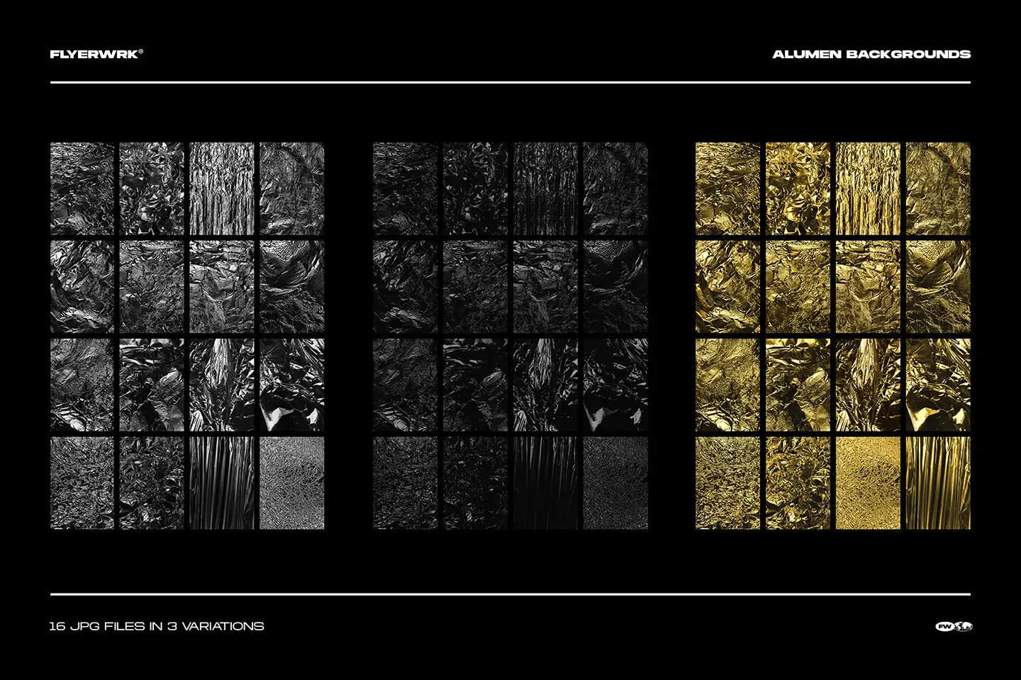 Alumen metal foil textures pack overview showing sixteen high resolution metallic backgrounds in three colors