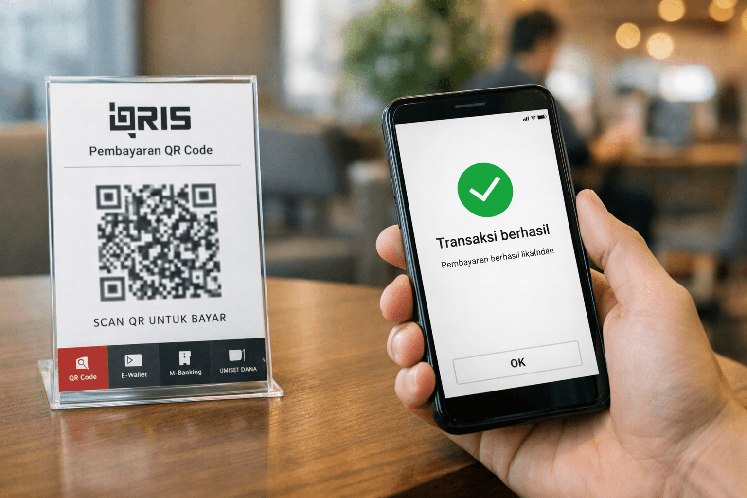 Foto pembayaran QRIS di merchant. Di kiri, standing acrylic QRIS di atas meja bertuliskan “Pembayaran QR Code – Scan QR untuk Bayar” dengan kode QR. Di kanan, tangan memegang smartphone yang menampilkan layar “Transaksi berhasil” dengan ikon centang hijau dan tombol OK. Latar berupa kafe/merchant yang sedikit blur, menekankan konteks pembayaran digital QRIS yang sukses, cepat, dan aman.