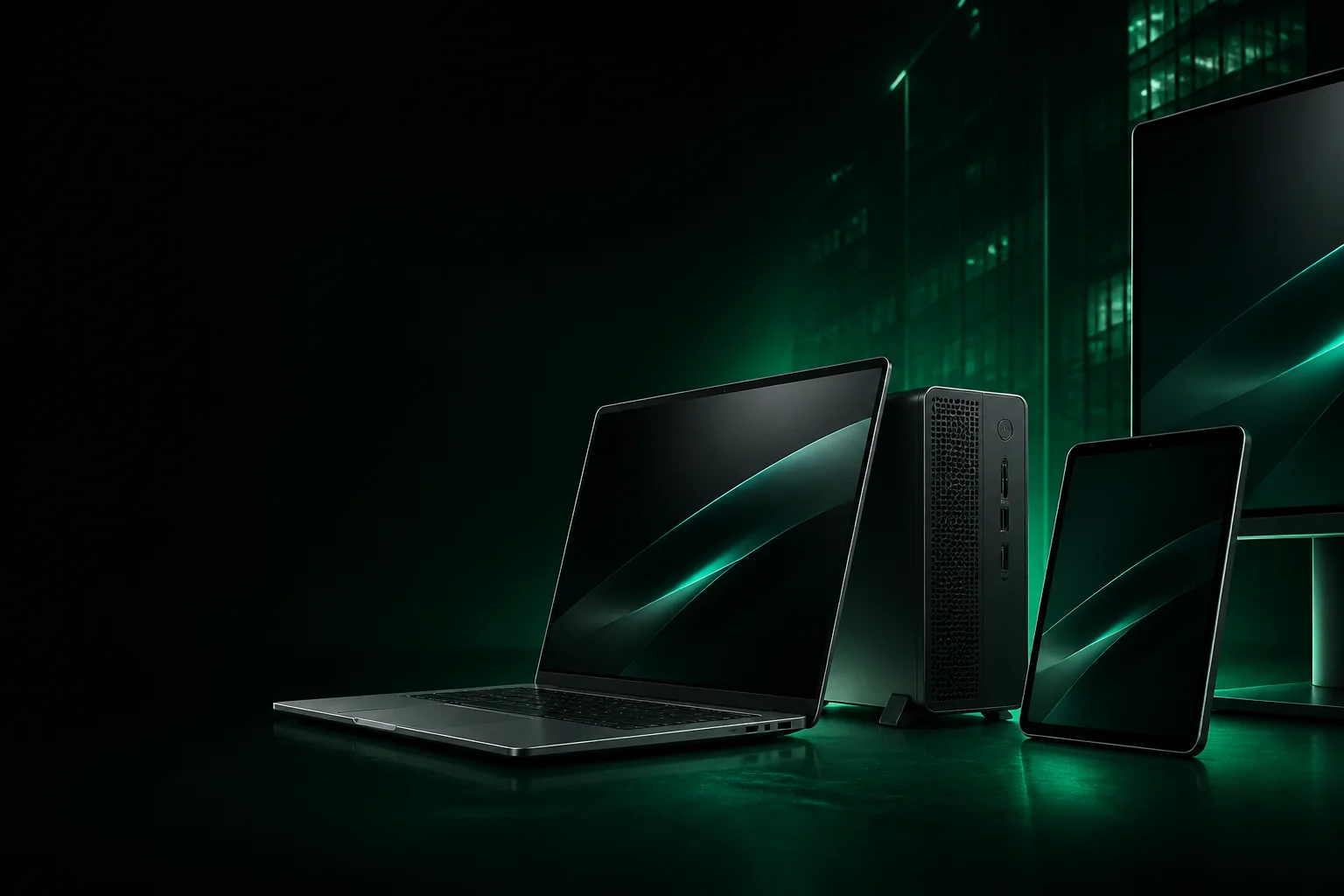 Business technology devices in a dark green Tech2Let studio