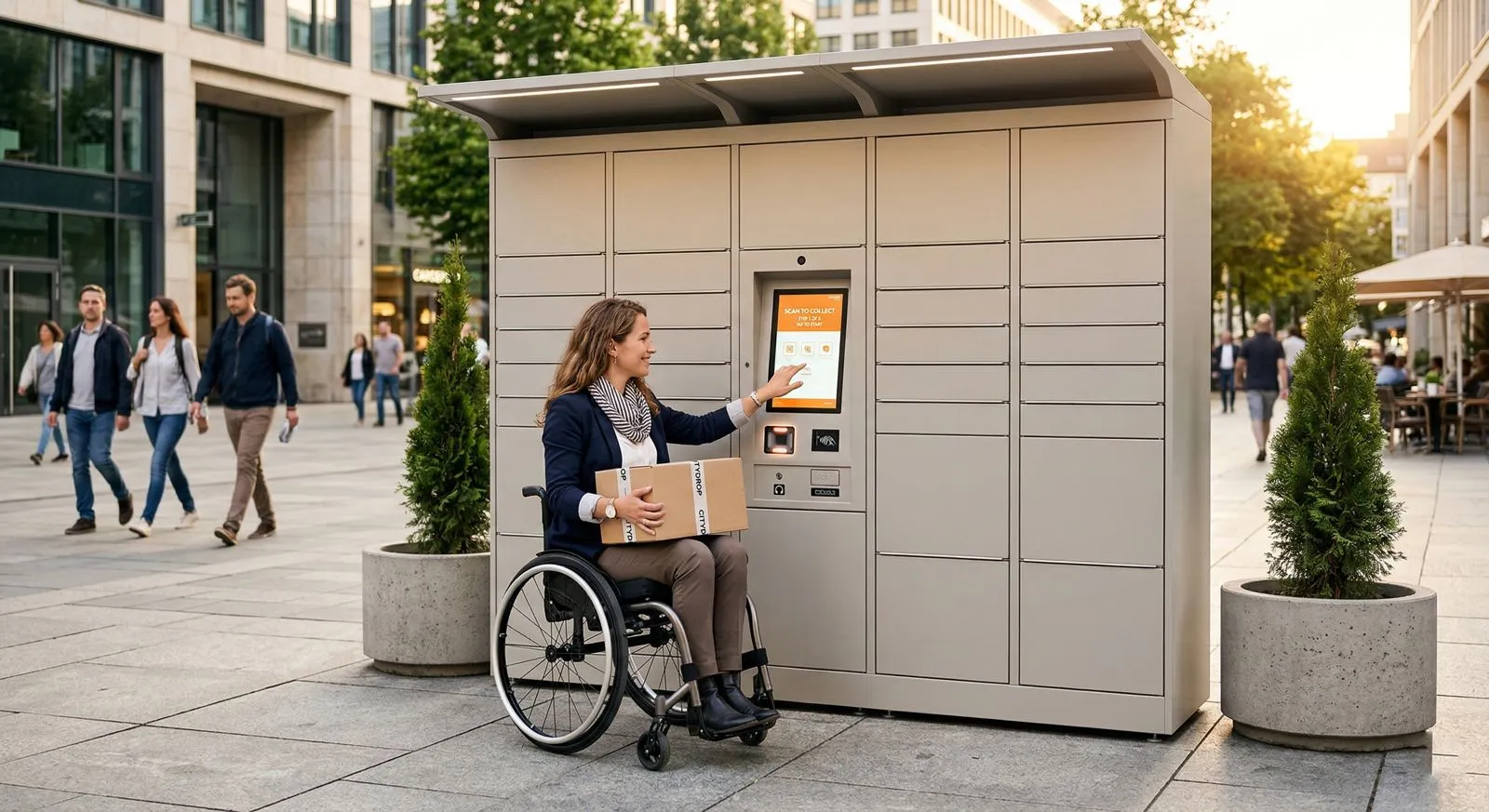 Wheelchair user accessing EAA-compliant Parcel Hive locker with accessible touchscreen in public space