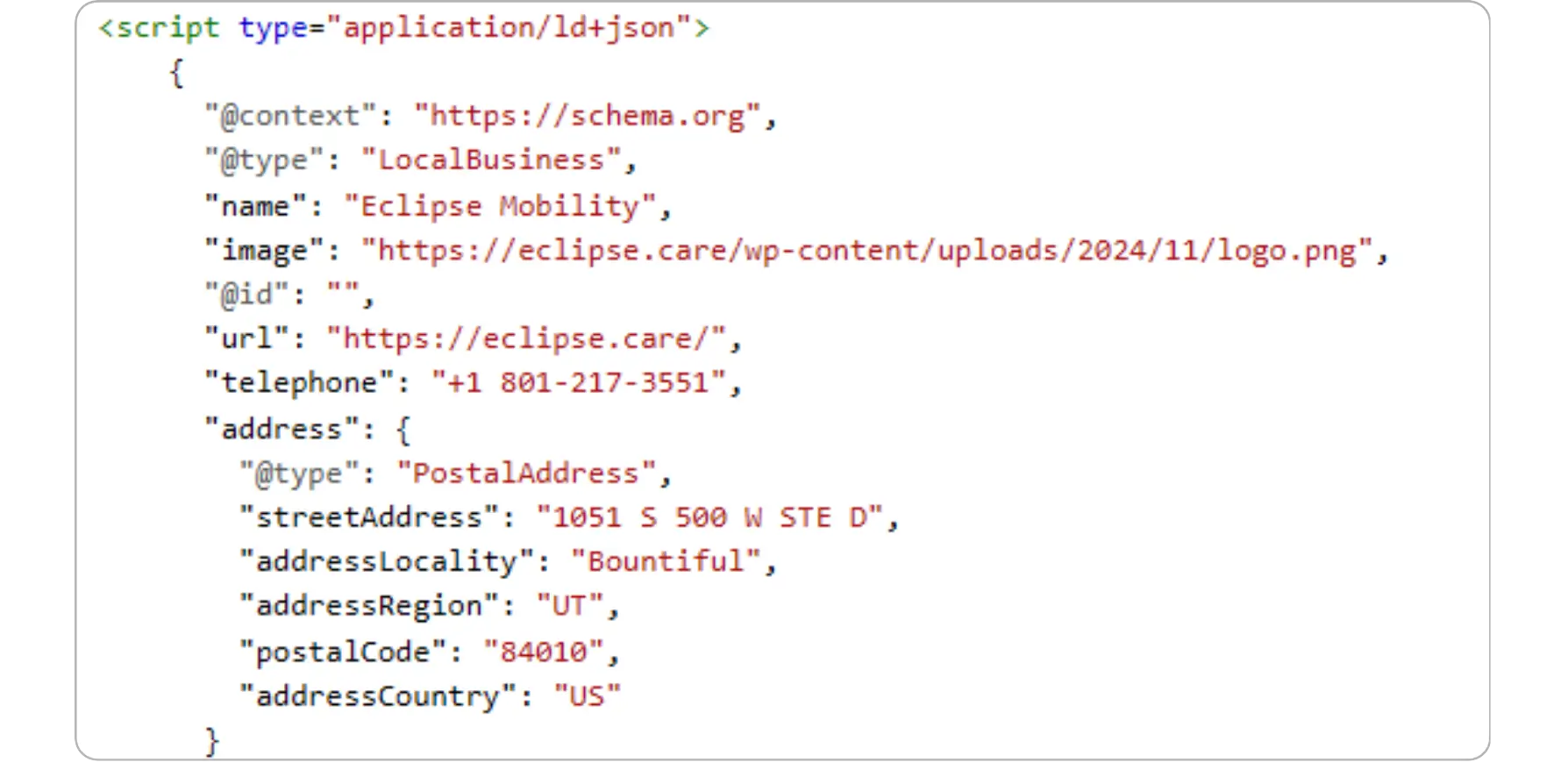 JSON-LD schema markup script configured for a LocalBusiness entity
