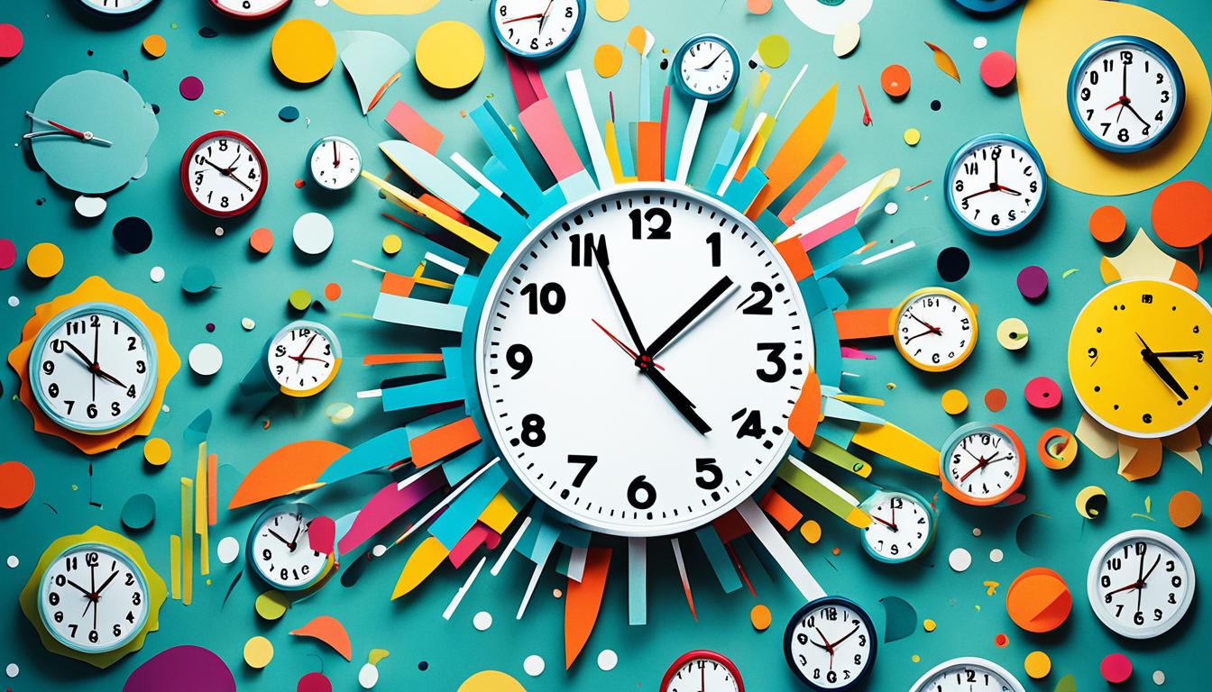 An abstract representation of various clocks set at different times of the day, with bright, vibrant colors that evoke a feeling of energy and excitement. The clocks should be arranged in a circular pattern to convey the idea of a 24-hour cycle, with the hands pointing to different times based on peak engagement hours for Instagram. The clock faces should be surrounded by stylized shapes and lines to create a sense of movement and dynamism, while the background should be a gradient of warm hues like orange, pink, and yellow to suggest a vibrant and active social media ecosystem.