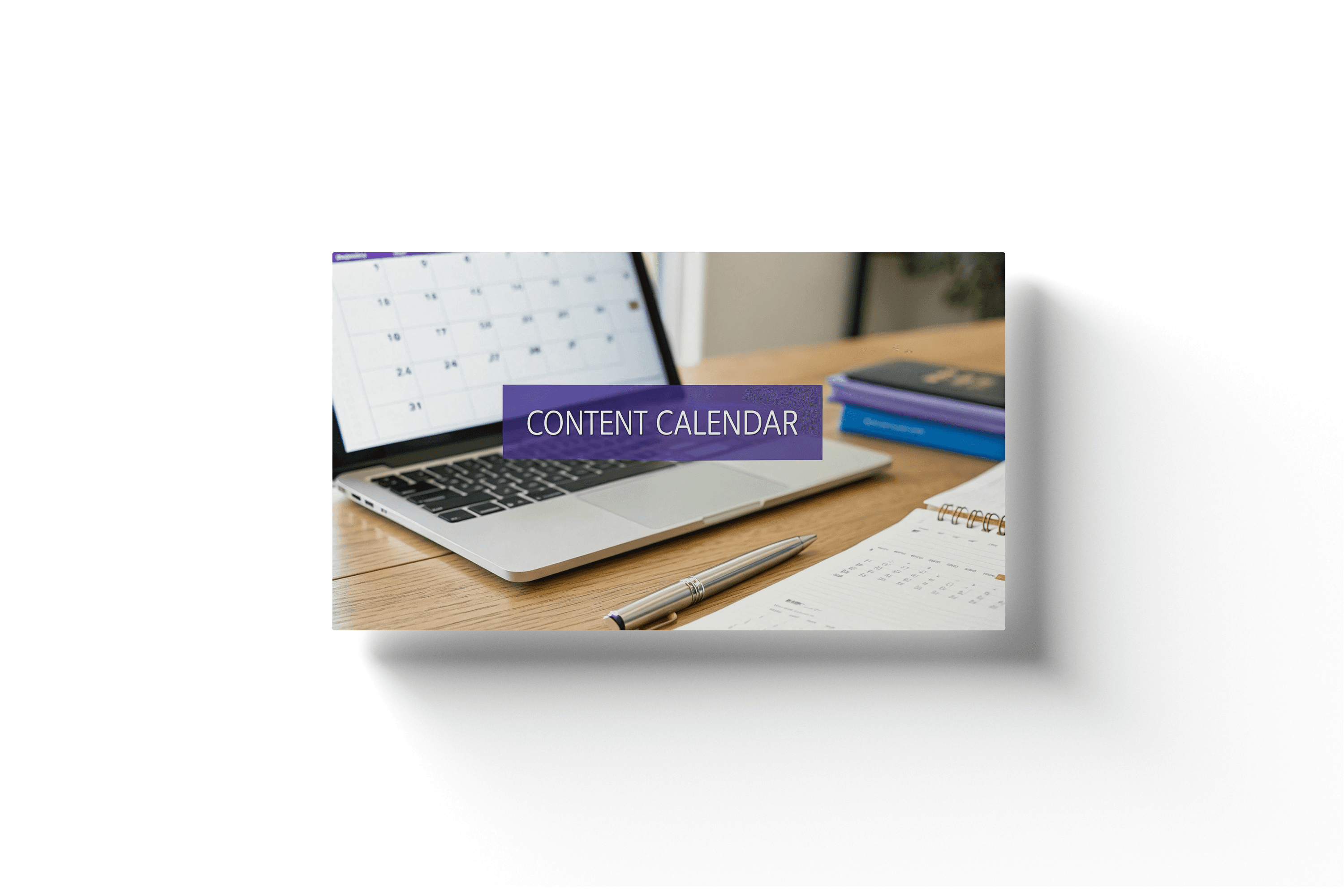 a laptop with a purple banner and text that reads 'content calendar'
