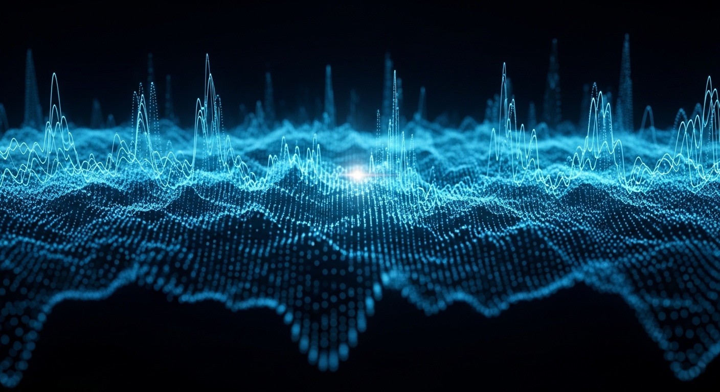 Blue digital waveforms representing AI search visibility analytics, volatility monitoring, and performance forecasting for B2B SEO
